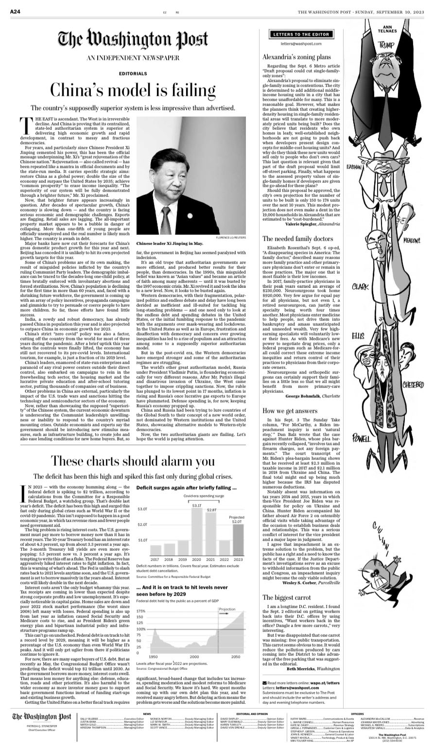 Political cartoon by Ann Telnaes, “Another looooong one in print”, 2023-09-10.