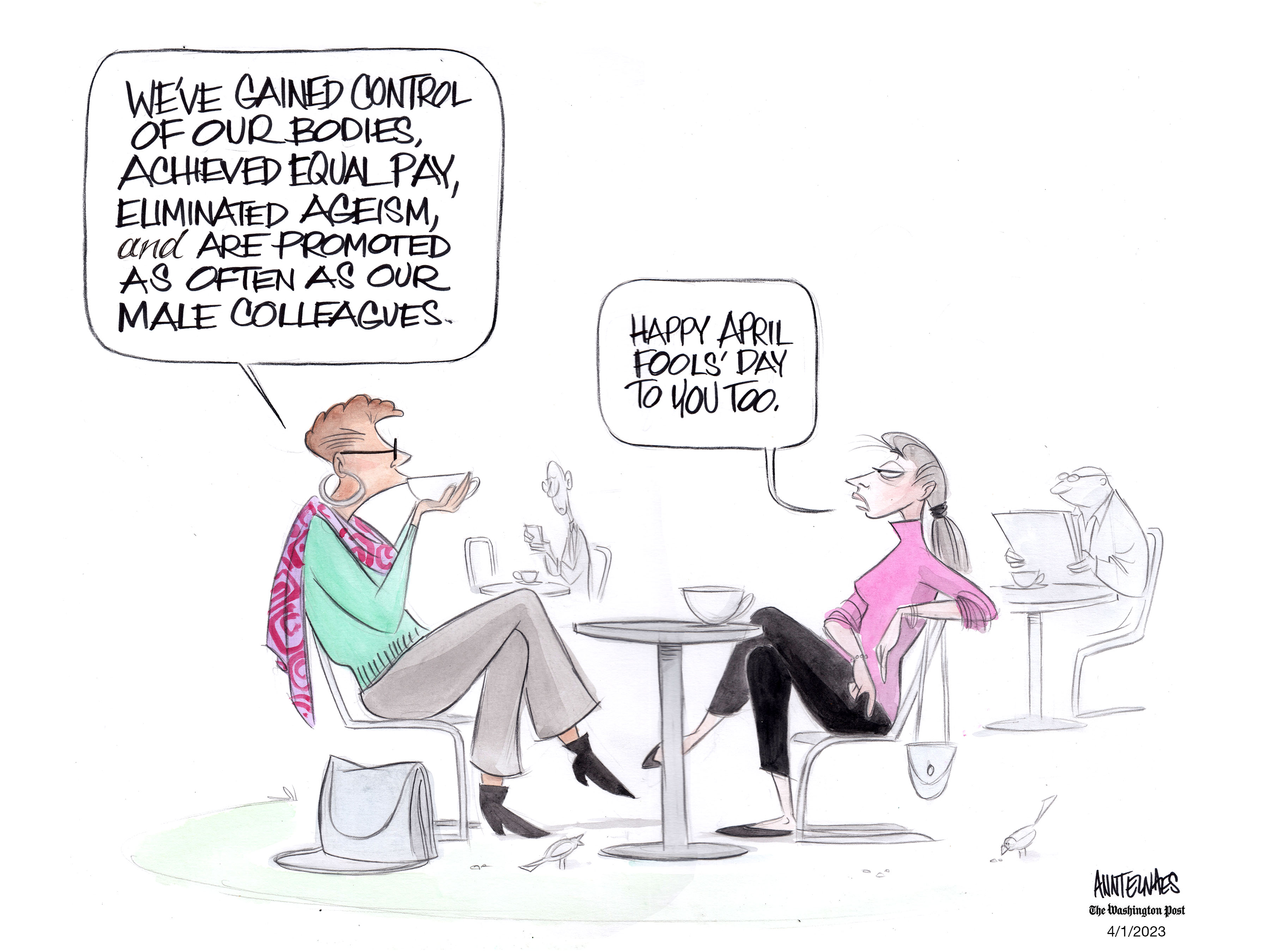 Political cartoon by Ann Telnaes, “April Fools Day”, 2023-04-01.