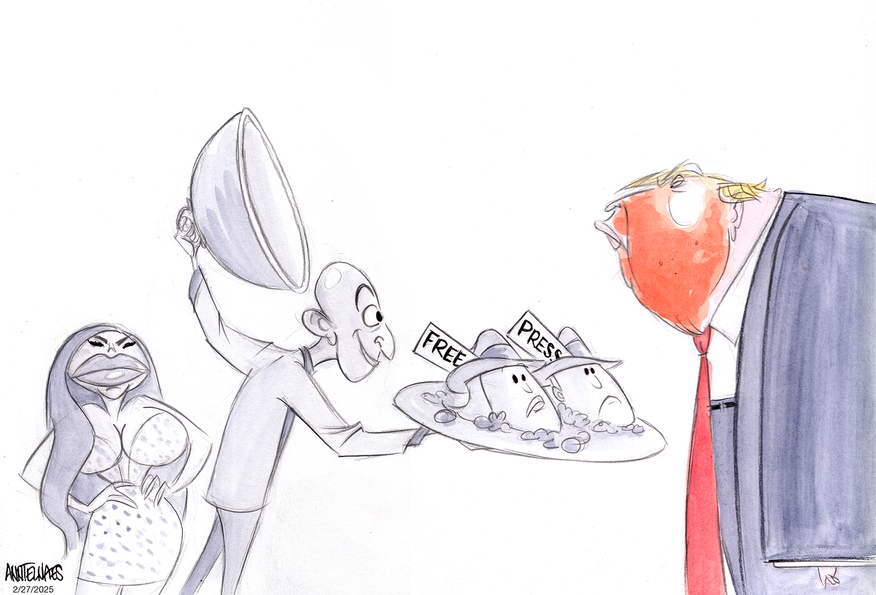 Political cartoon by Ann Telnaes, “Bezos' offering”, 2025-02-27.