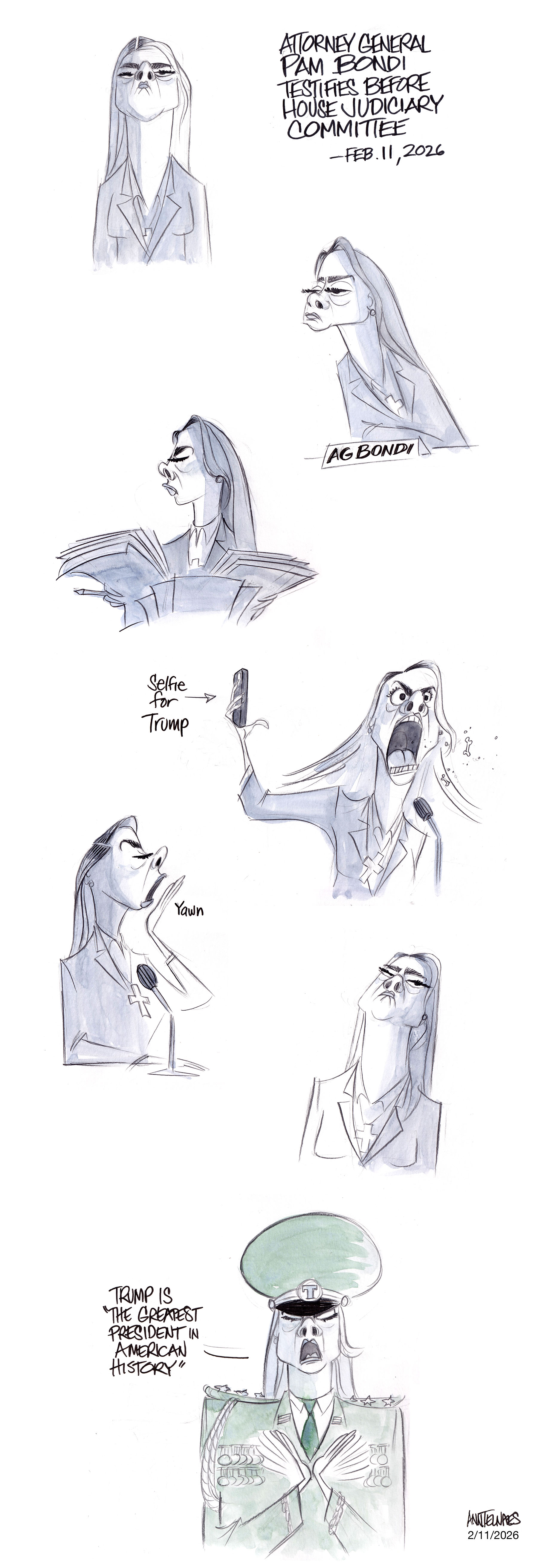 Political cartoon by Ann Telnaes, “Bondi's contempt for the Rule of Law”, 2026-02-12.