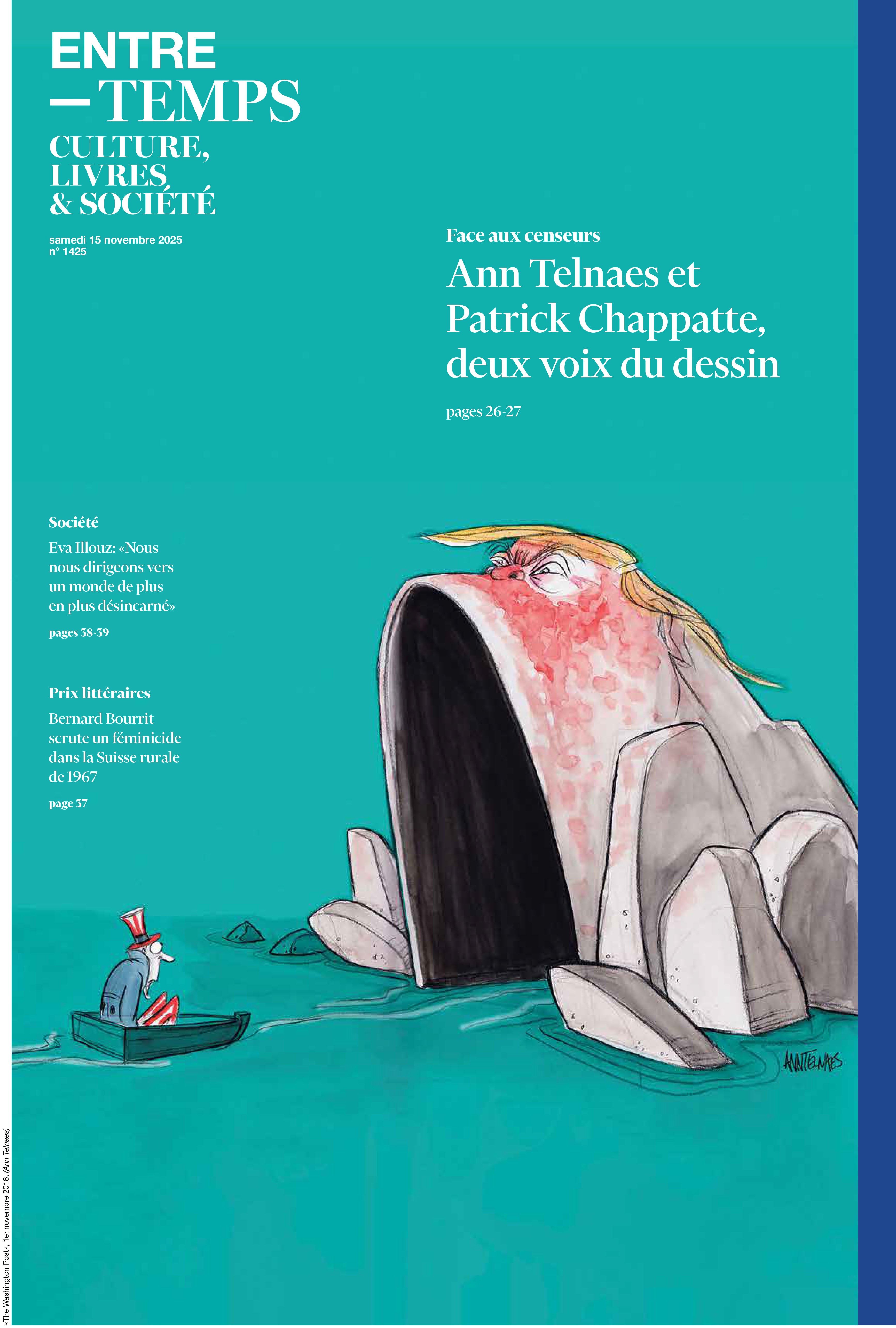 Political cartoon by Ann Telnaes, “Book review in Swiss newspaper Le Temps”, 2025-11-15.