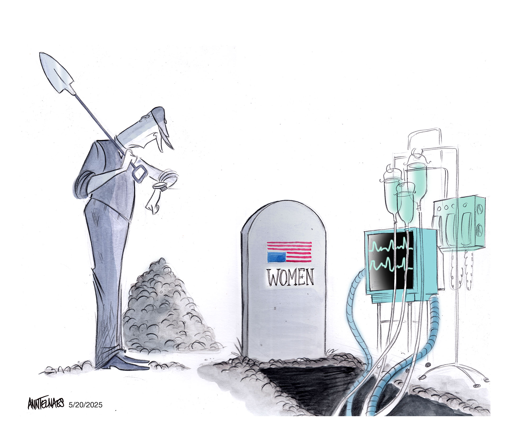 Political cartoon by Ann Telnaes, “Brain dead pregnant woman is kept on life support”, 2025-05-20.