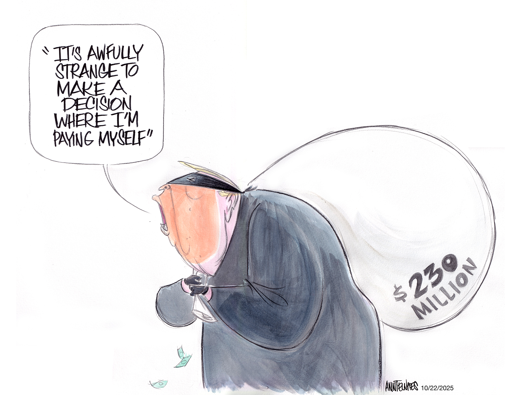 Political cartoon by Ann Telnaes, “Commander in Thief”, 2025-10-22.