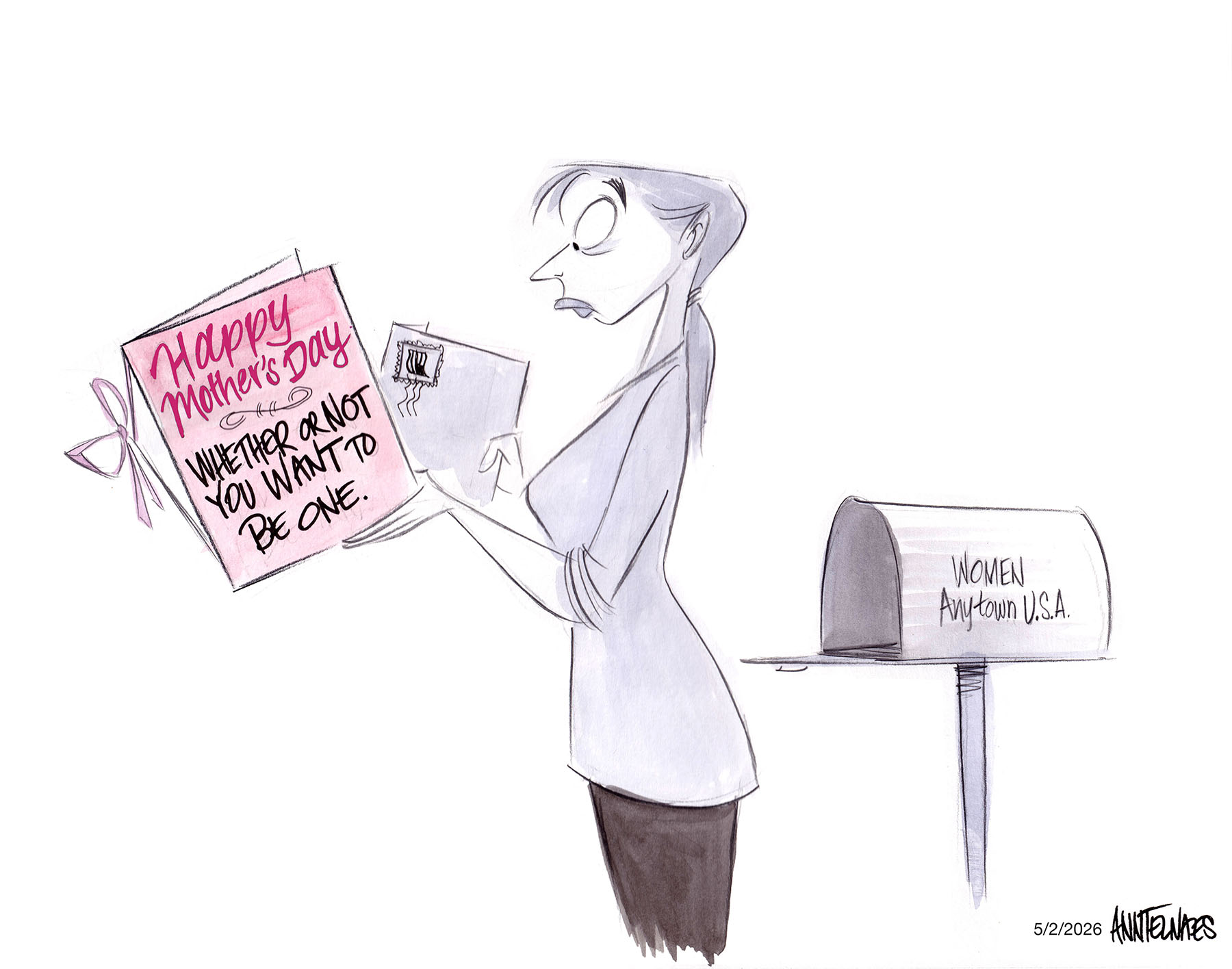 Political cartoon by Ann Telnaes, “Court blocks mailing of Mifepristone”, 2026-05-02.