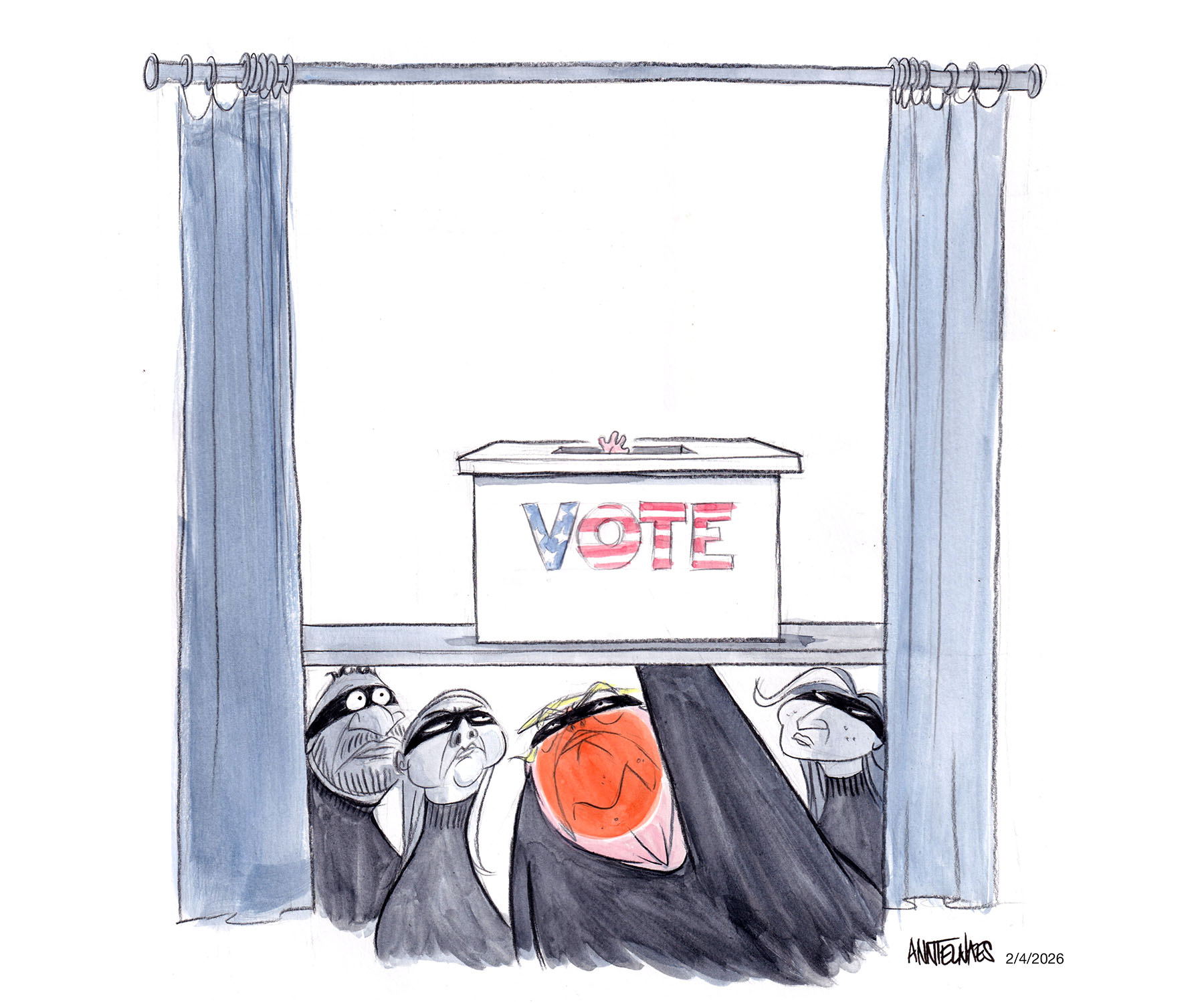 Political cartoon by Ann Telnaes, “Criminal masks”, 2026-02-04.
