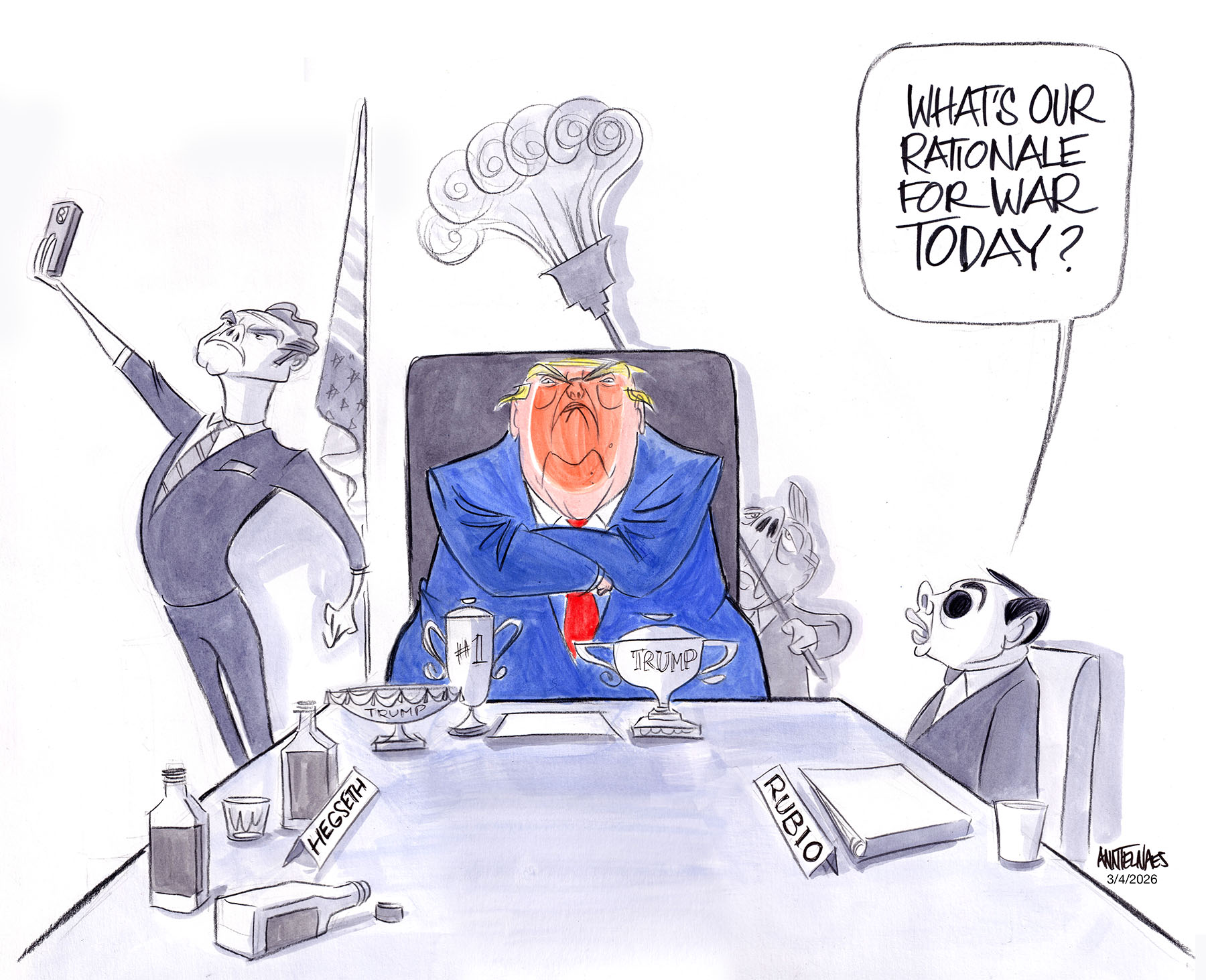 Political cartoon by Ann Telnaes, “Deceitful, despicable, desperate”, 2026-03-05.