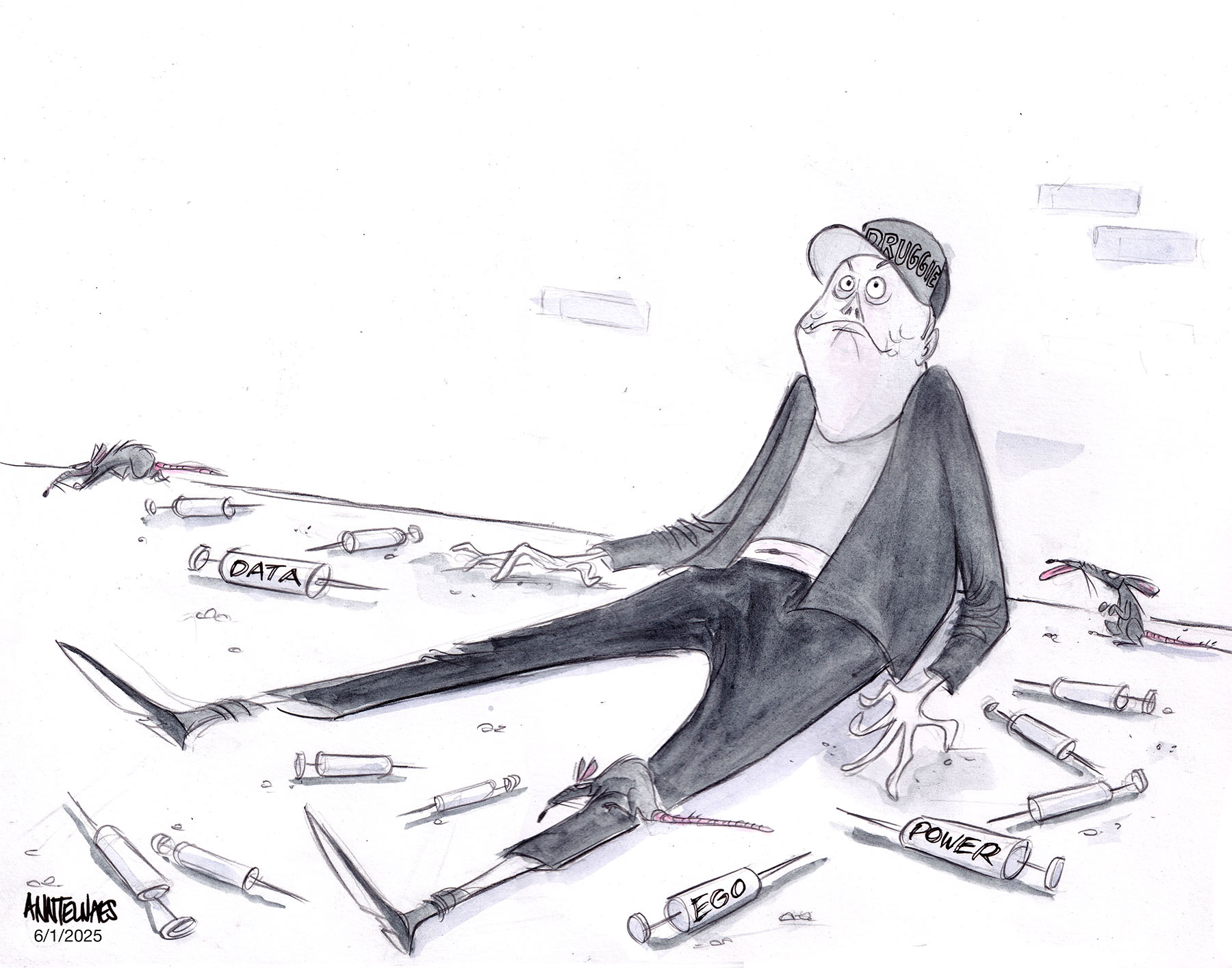 Political cartoon by Ann Telnaes, “Elon Musk, drugged up”, 2025-06-01.
