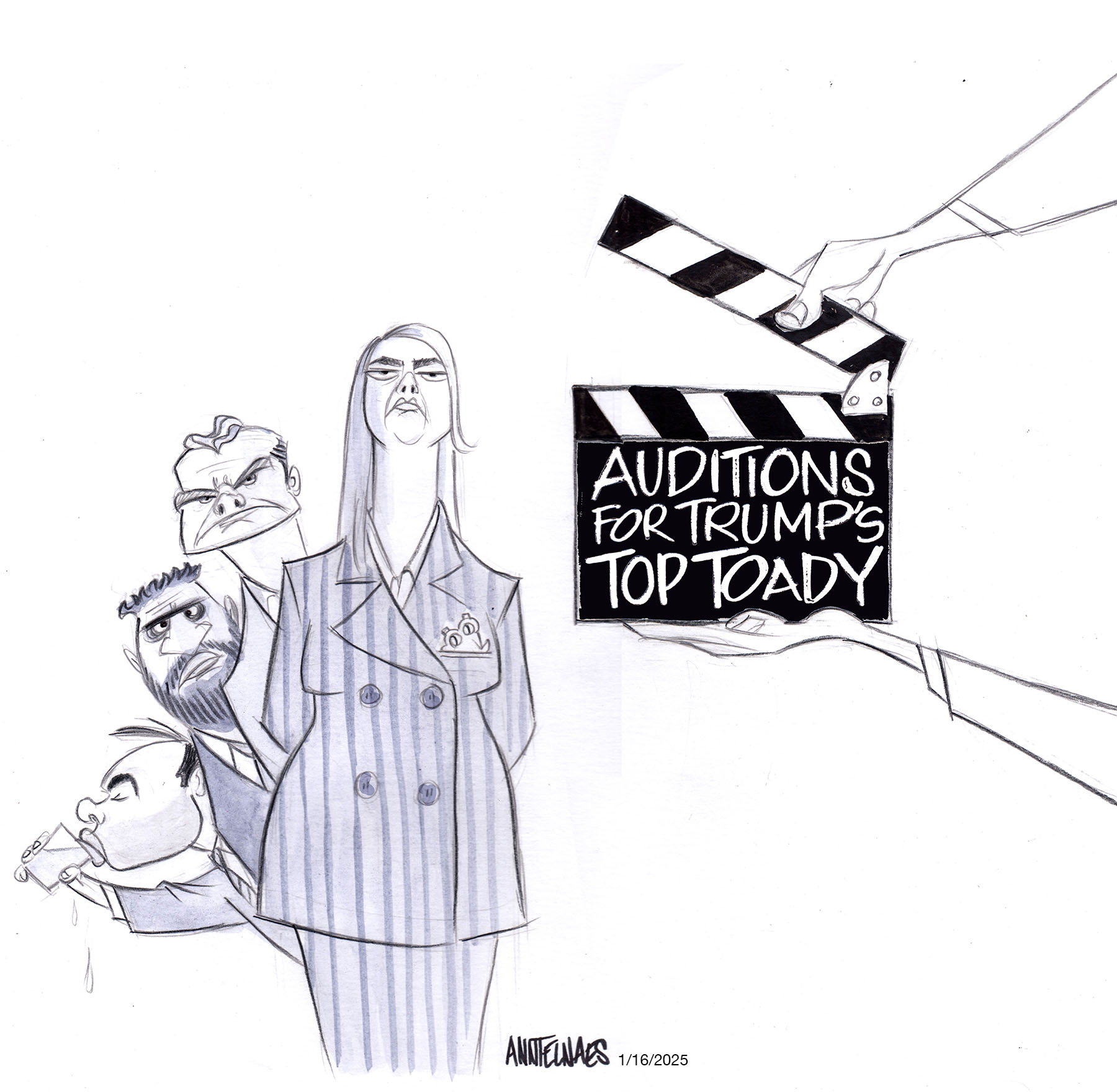 Political cartoon by Ann Telnaes, “For an audience of one”, 2025-01-16.