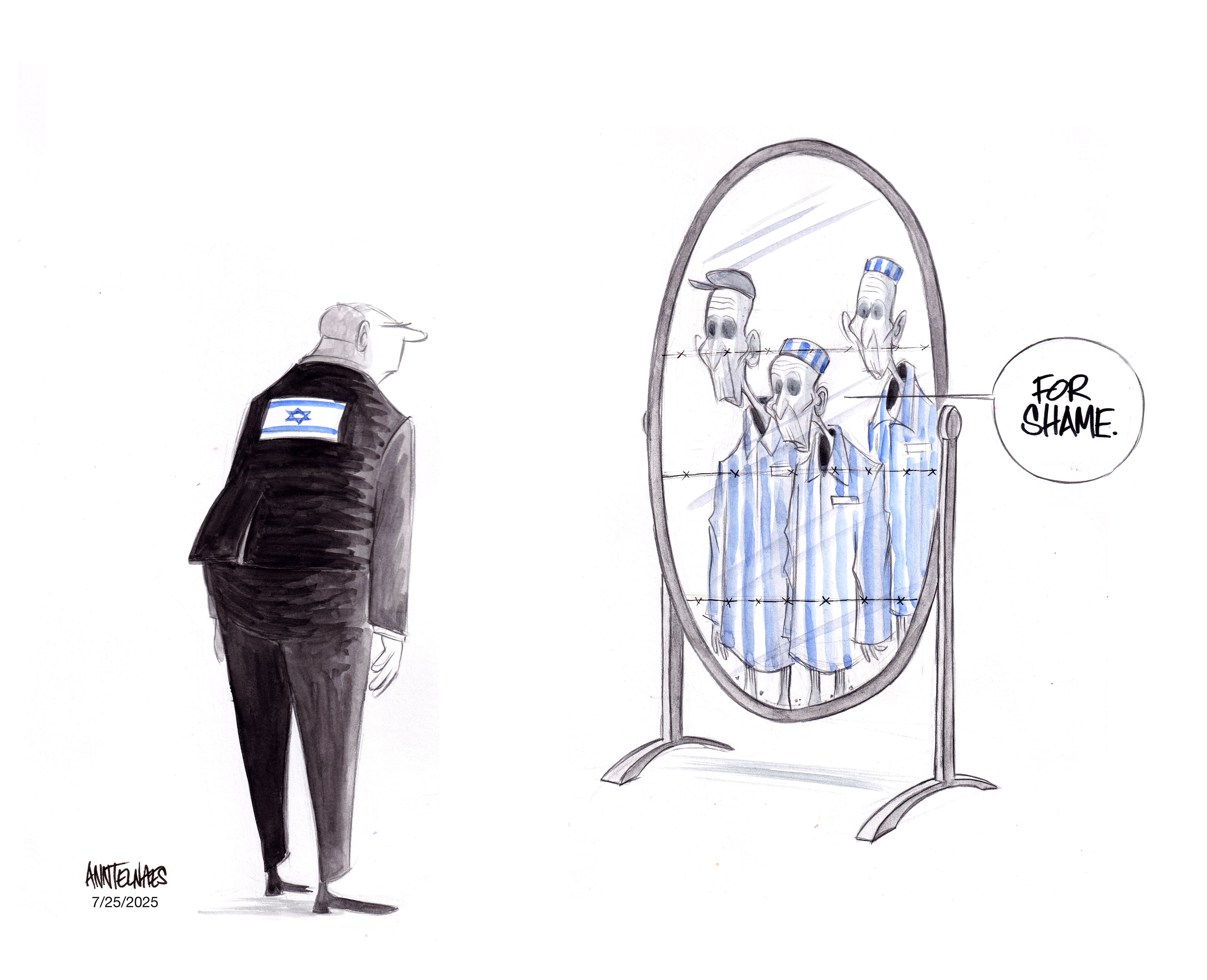 Political cartoon by Ann Telnaes, “Gazans are starving”, 2025-07-26.