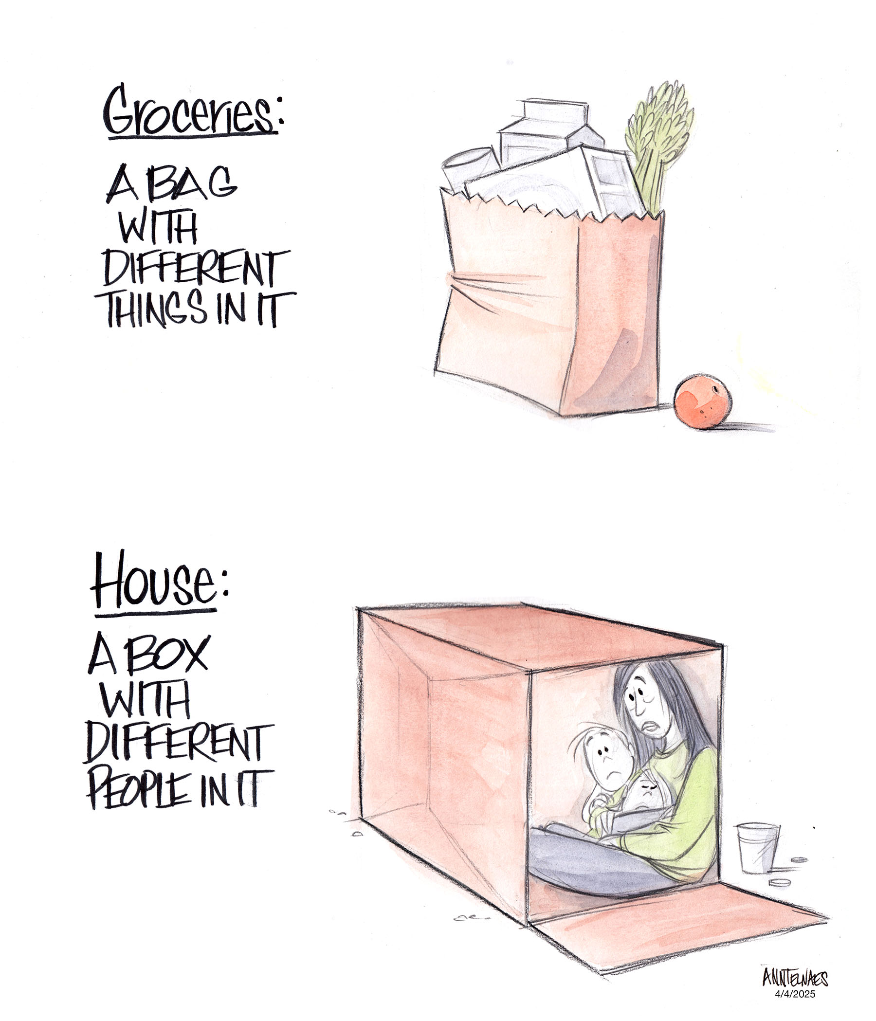 Political cartoon by Ann Telnaes, “Groceries”, 2025-04-04.