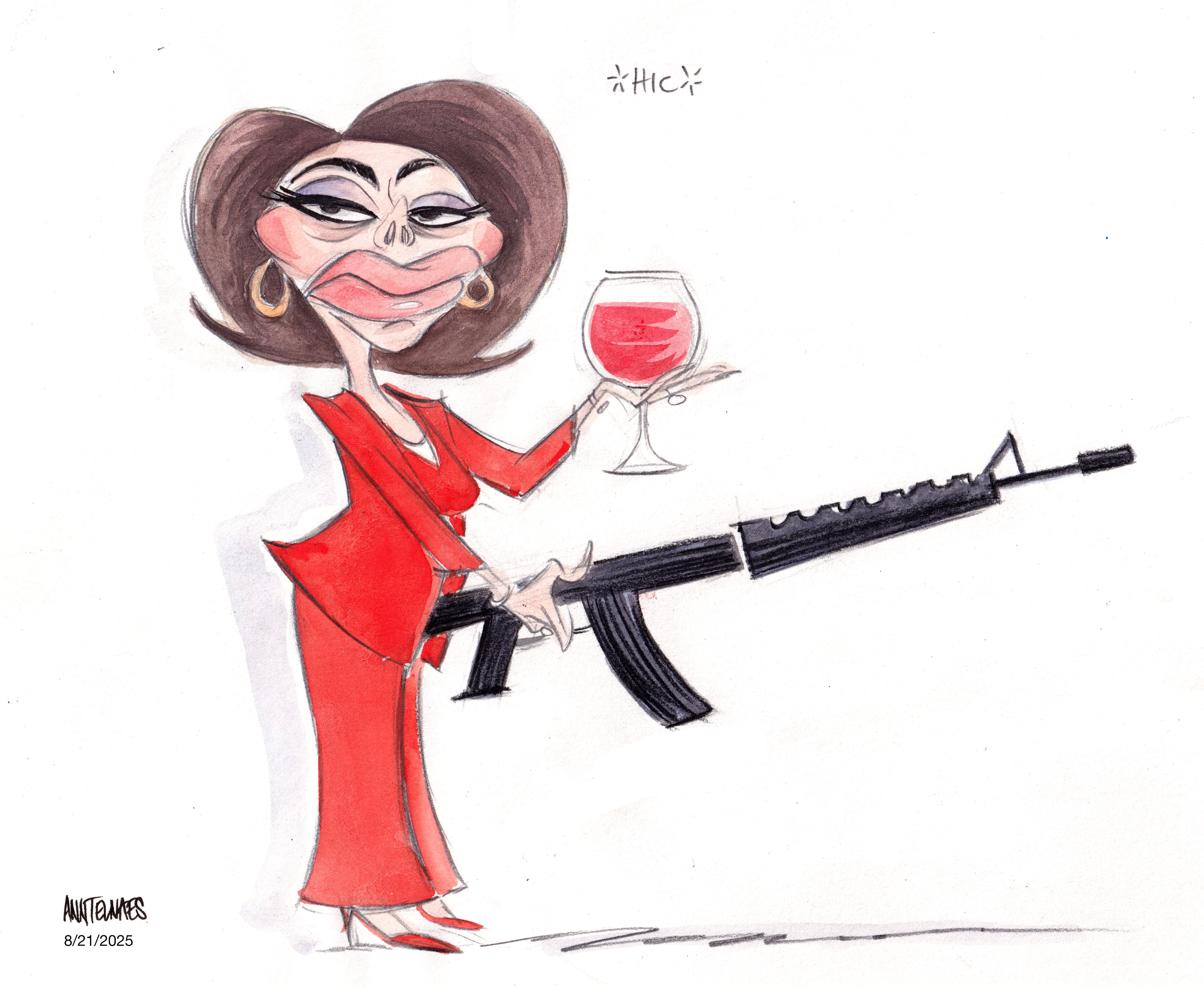 Political cartoon by Ann Telnaes, “Happiness is a warm gun”, 2025-08-21.