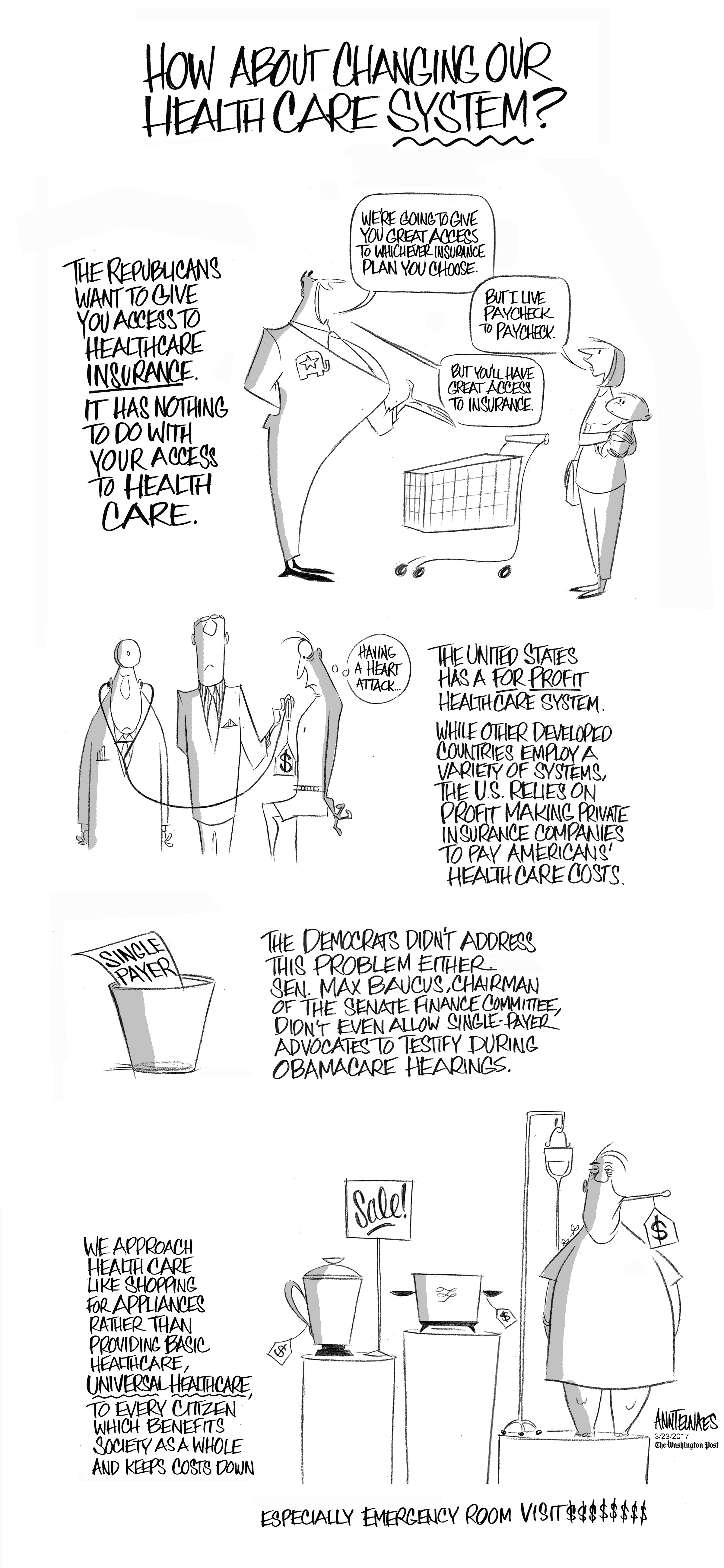 Political cartoon by Ann Telnaes, “Healthcare and healthcare insurance”, 2024-12-13.