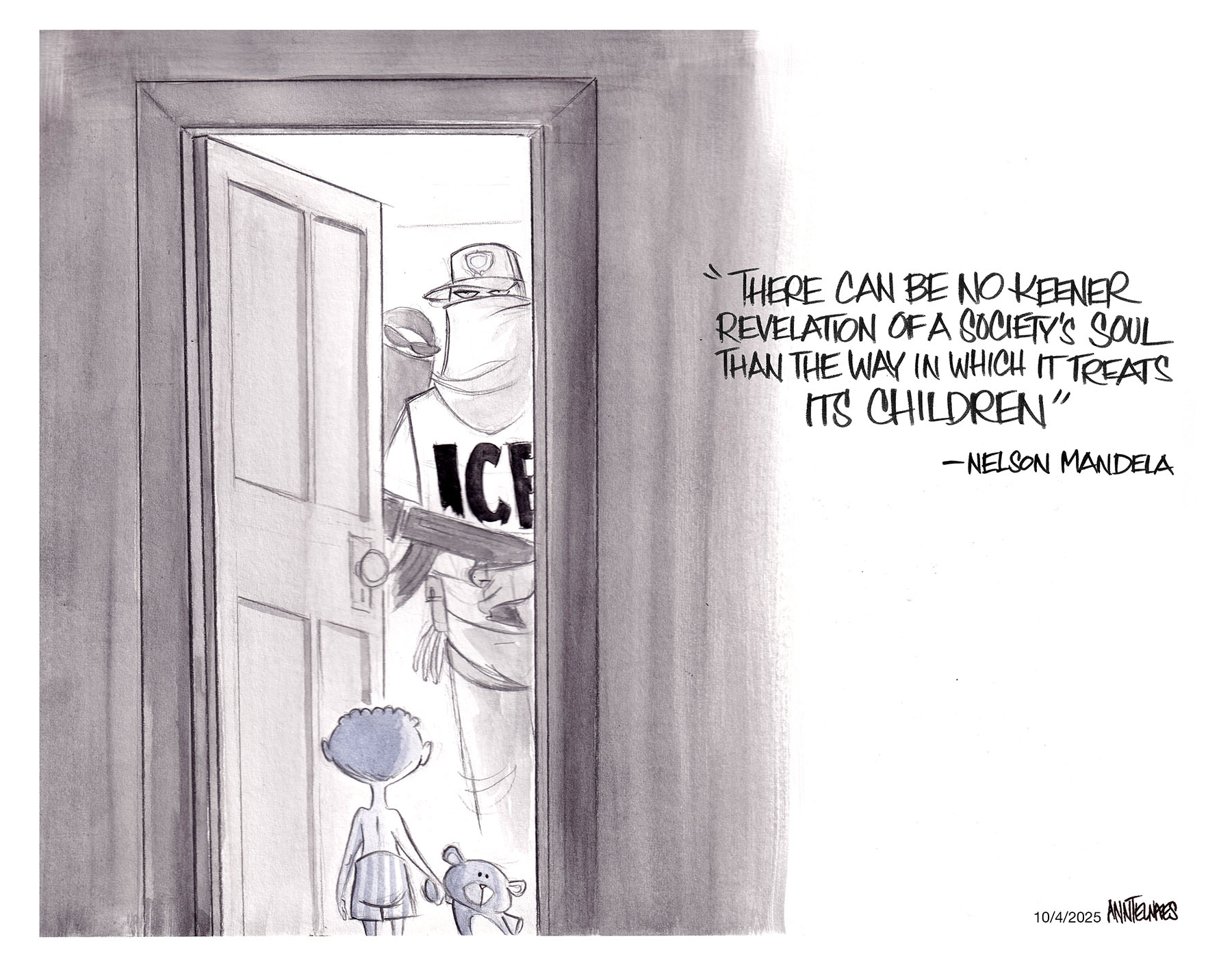 Political cartoon by Ann Telnaes, “ICE agents storm Chicago apartment”, 2025-10-04.