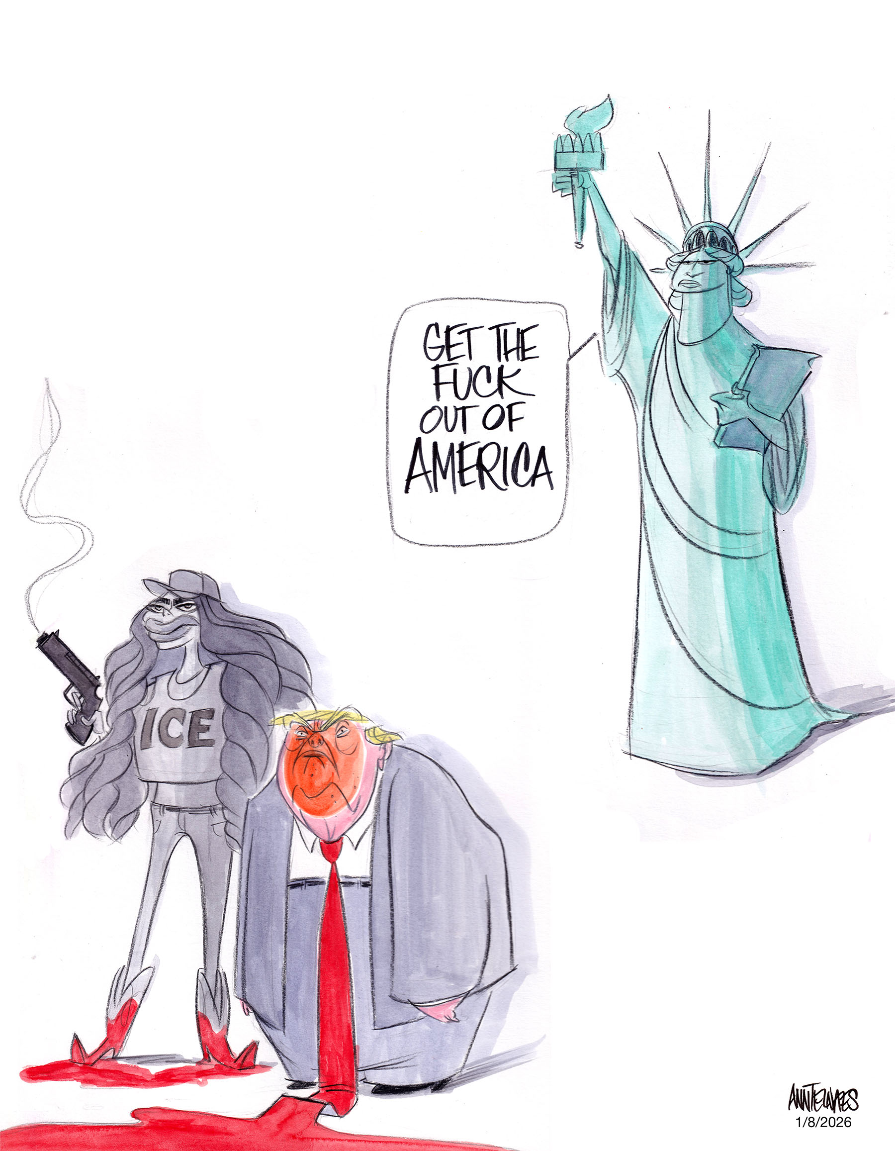 Political cartoon by Ann Telnaes, “ICE shoots, kills woman in Minneapolis”, 2026-01-08.