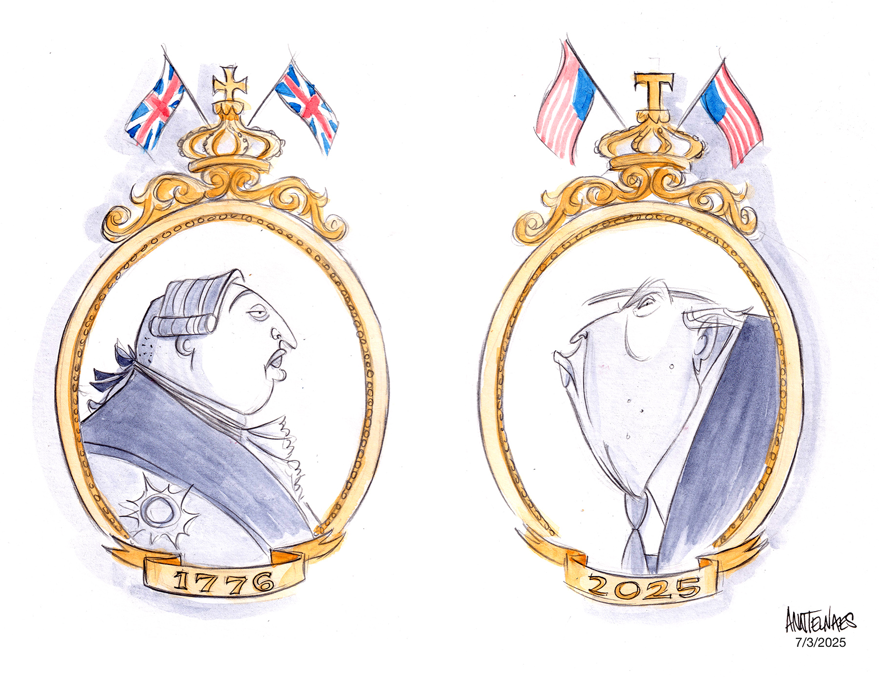 Political cartoon by Ann Telnaes, “In 1776 we rejected a monarchy”, 2025-07-03.