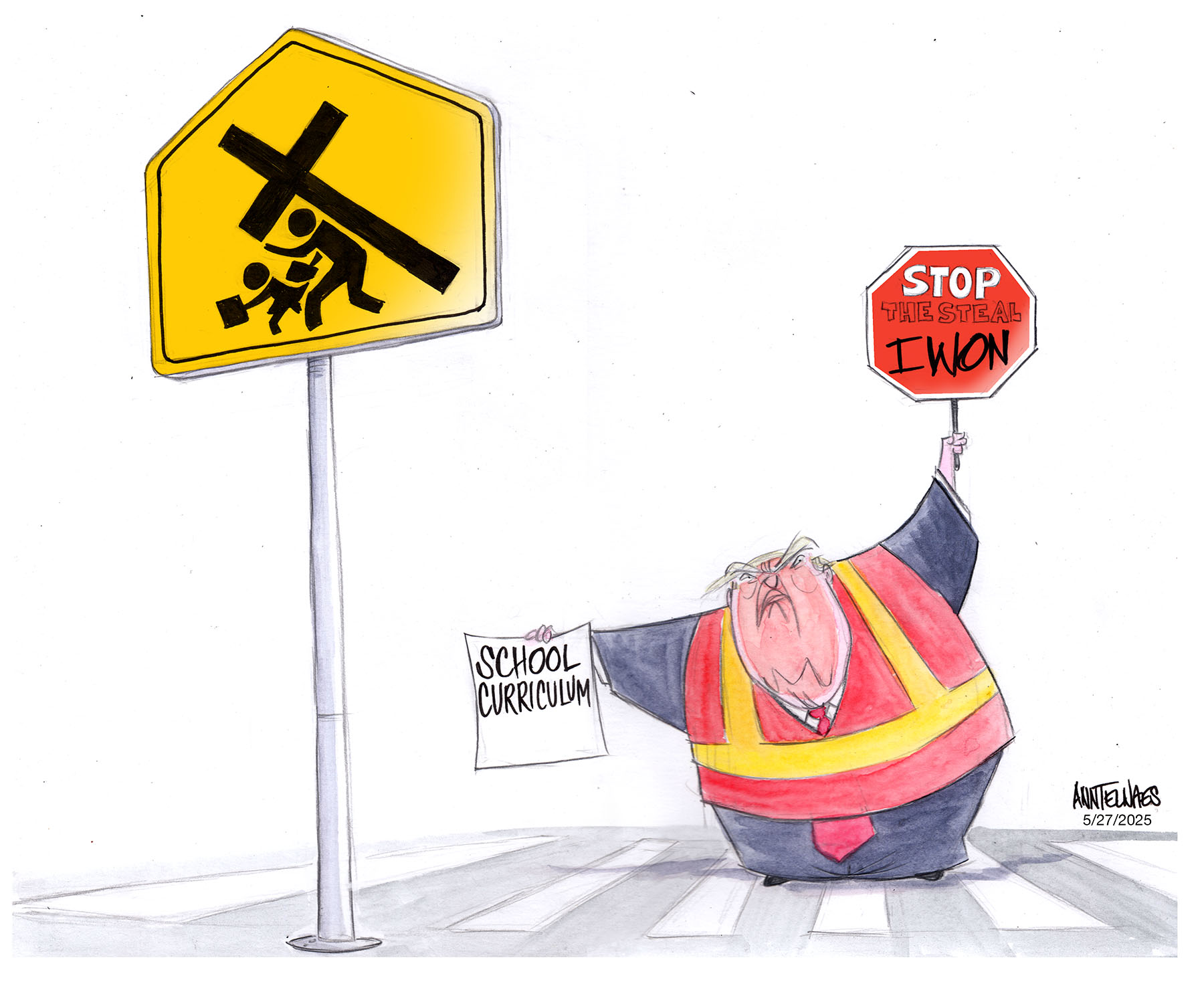 Political cartoon by Ann Telnaes, “Inserting Cons & Christianity in High Schools”, 2025-05-27.