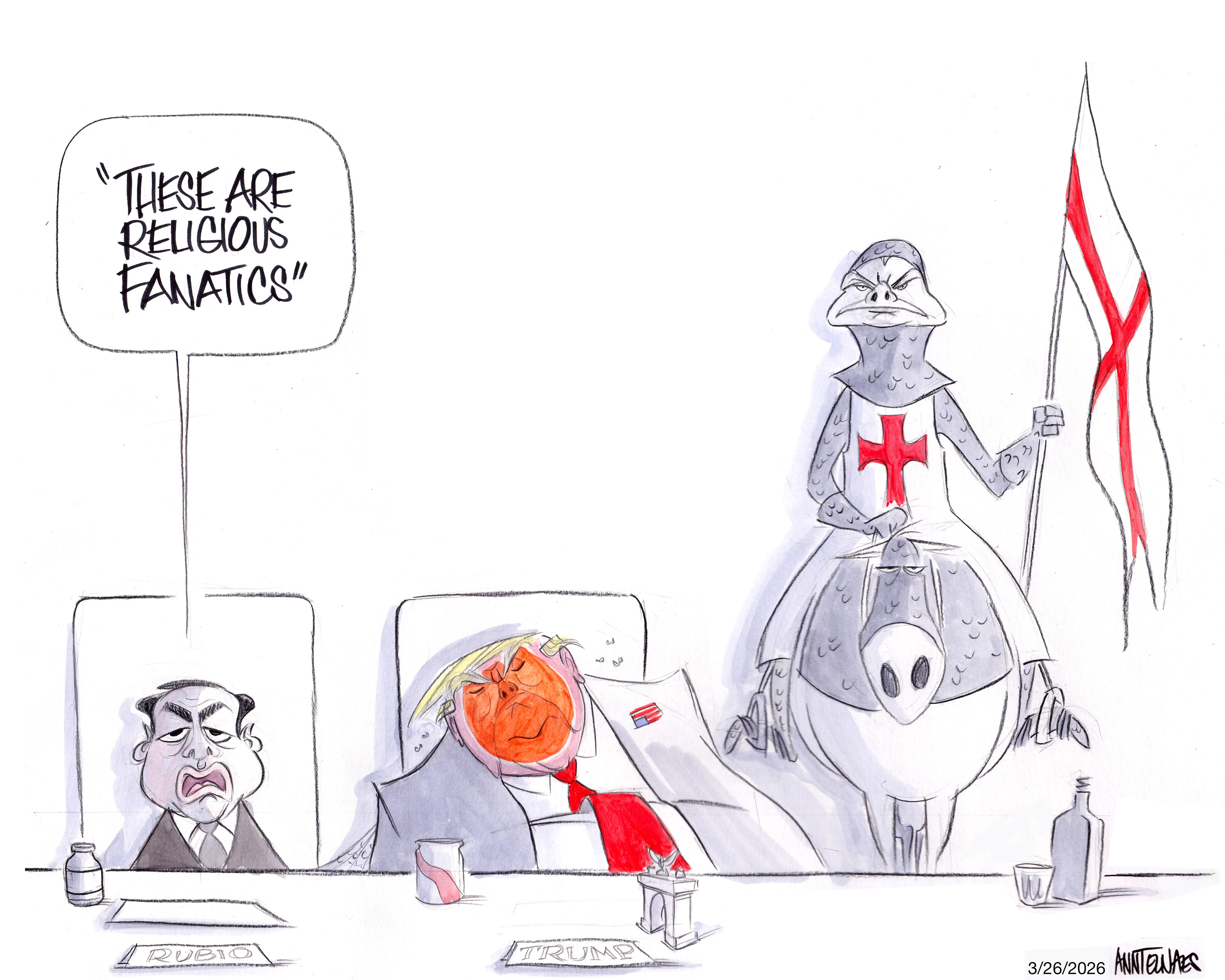 Political cartoon by Ann Telnaes, “Iran isn't the only theocracy”, 2026-03-26.