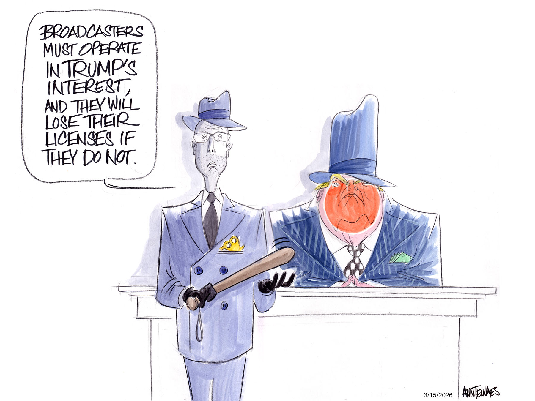 Political cartoon by Ann Telnaes, “It's not the public interest Carr cares about”, 2026-03-16.