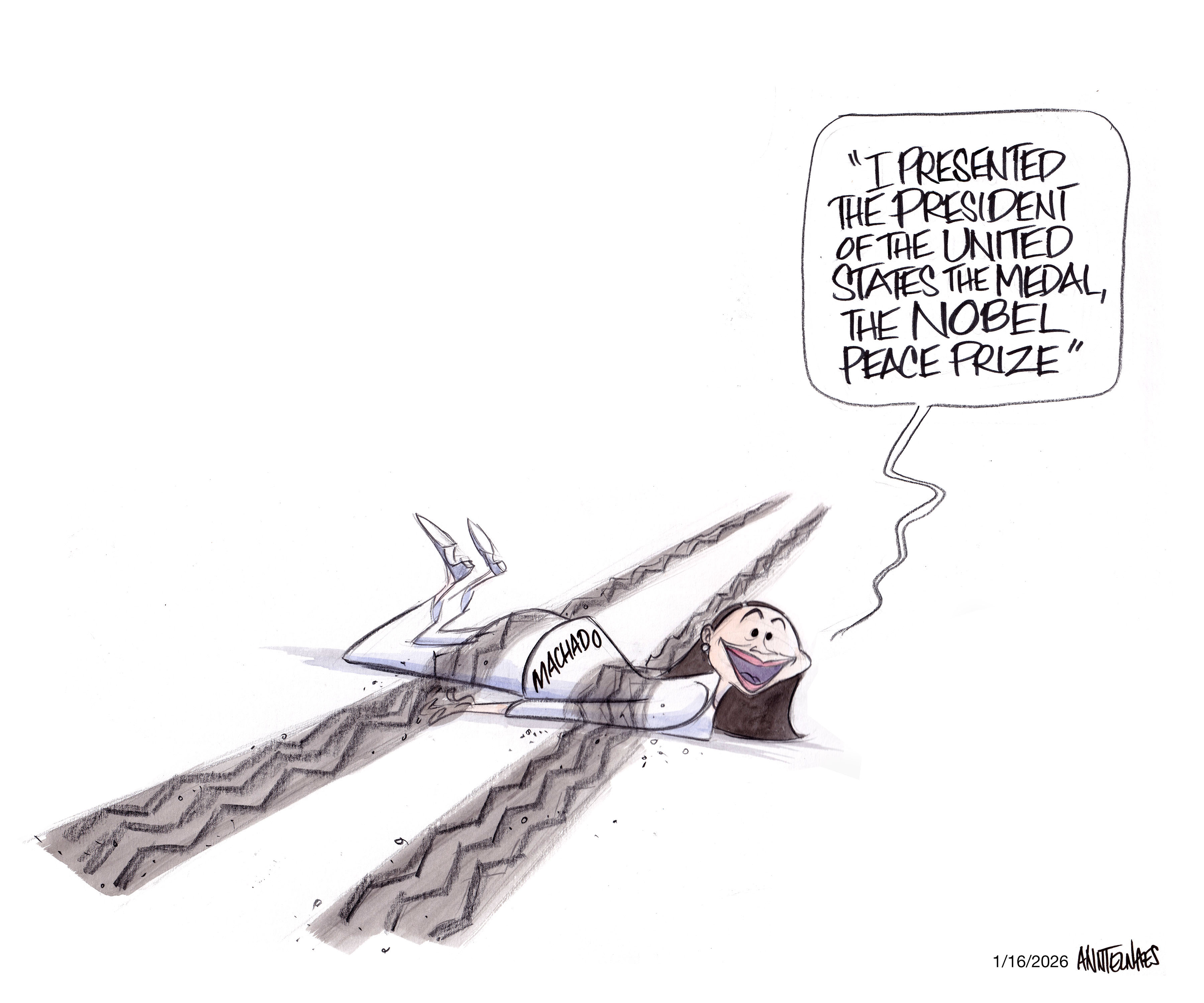 Political cartoon by Ann Telnaes, “Maria Corina Machado presents her Nobel Peace Prize to Trump”, 2026-01-16.