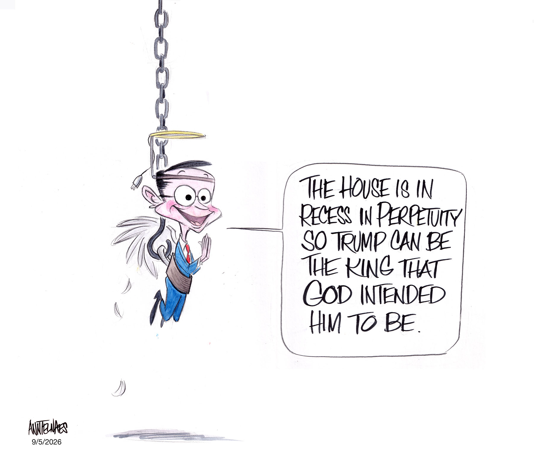 Political cartoon by Ann Telnaes, “Mike Johnson believes in the divine right of kings”, 2026-09-05.