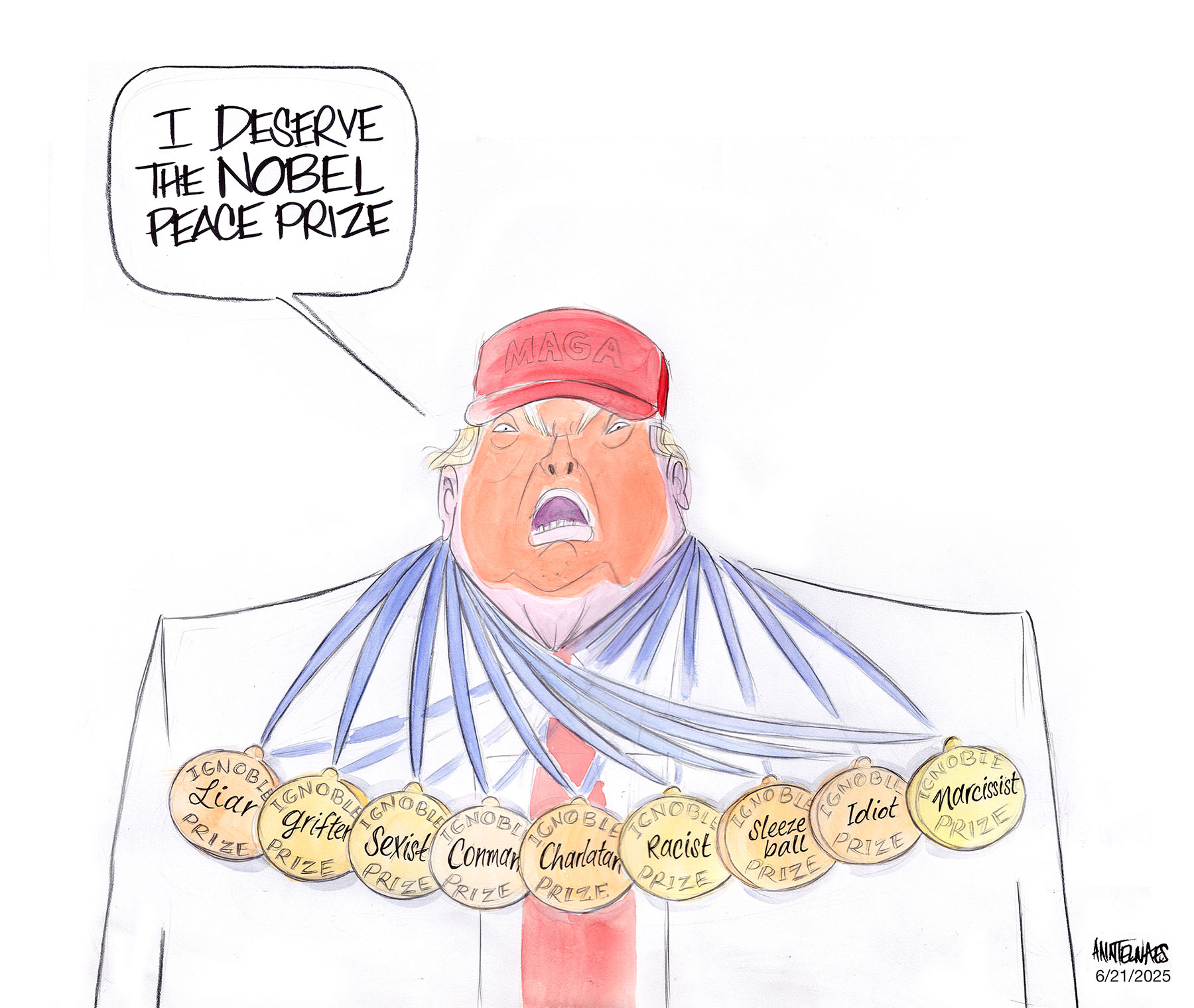 Political cartoon by Ann Telnaes, “Most deserving”, 2025-06-21.