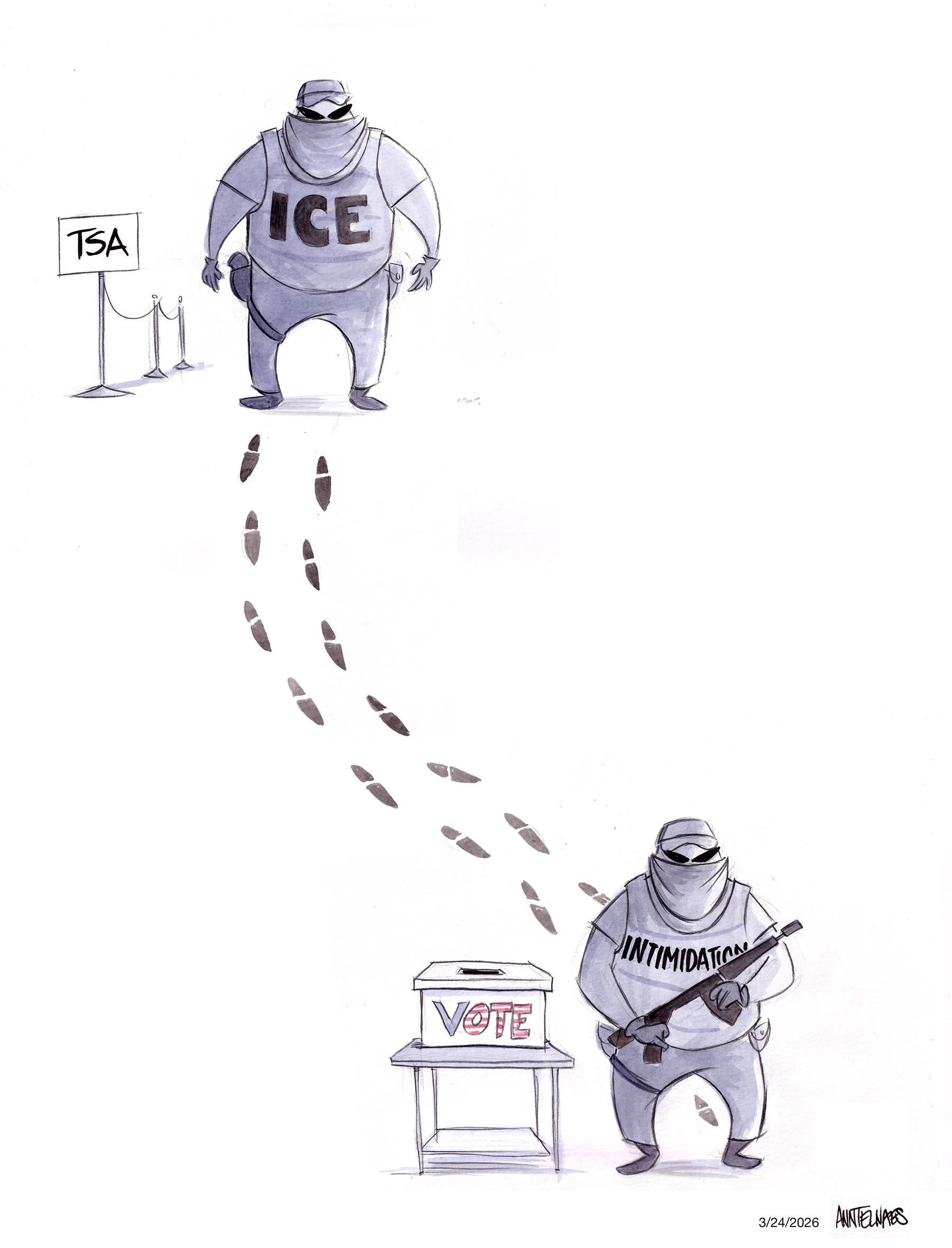 Political cartoon by Ann Telnaes, “Next stop, the midterms”, 2026-03-24.