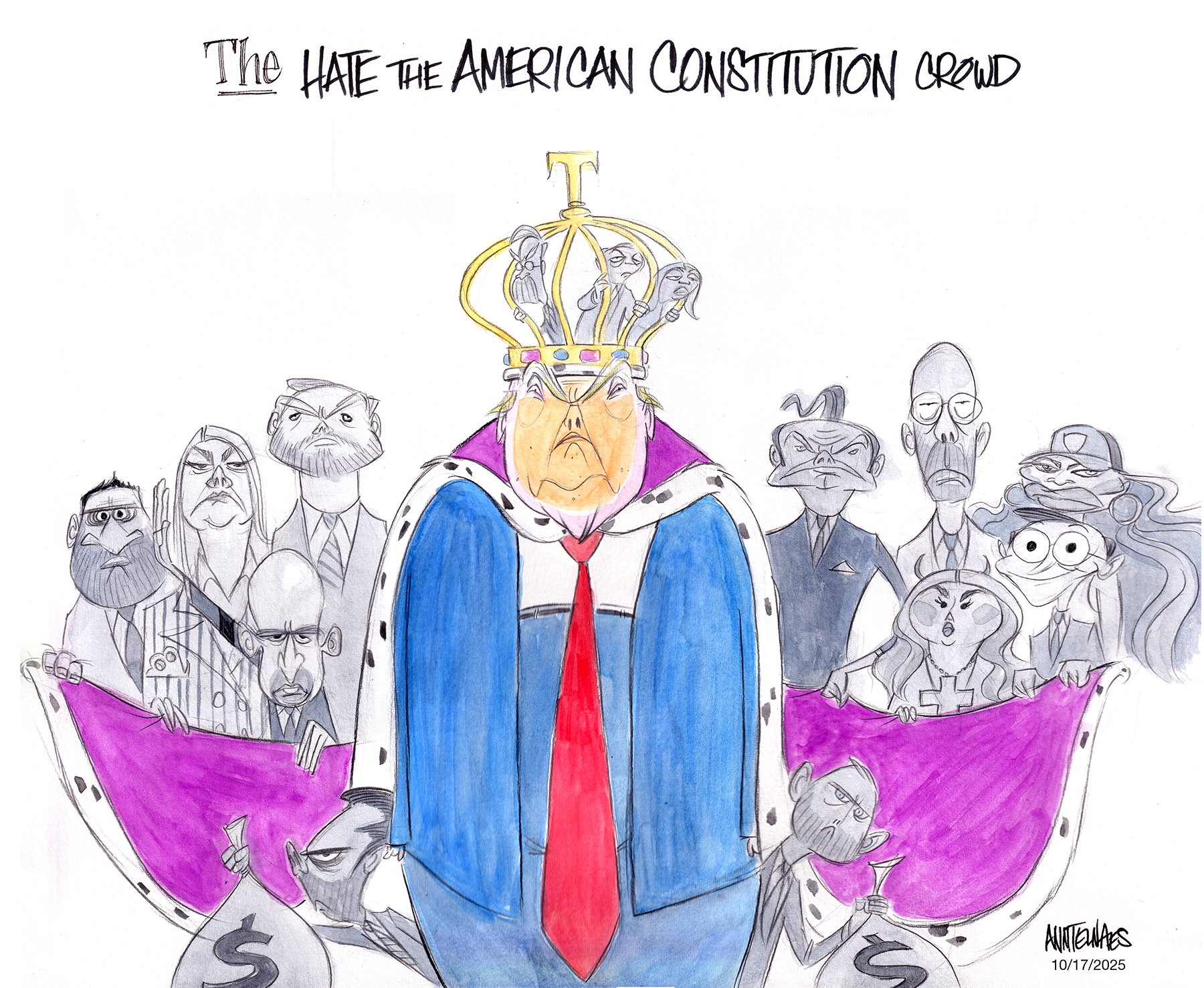 Political cartoon by Ann Telnaes, “No Kings, no dictators, no tyrants”, 2025-10-17.