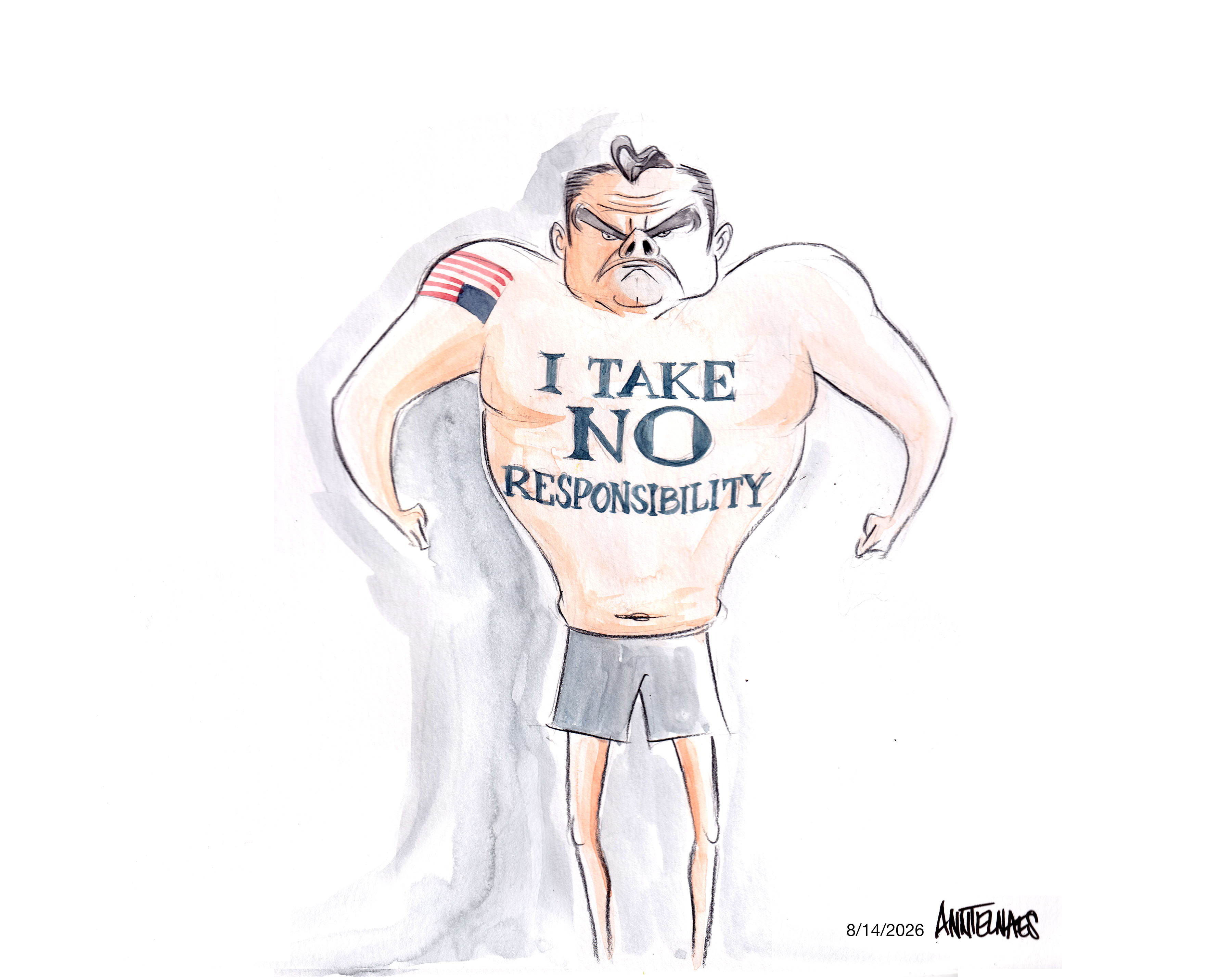 Political cartoon by Ann Telnaes, “Pete Hegseth doesn't see a problem”, 2026-08-14.