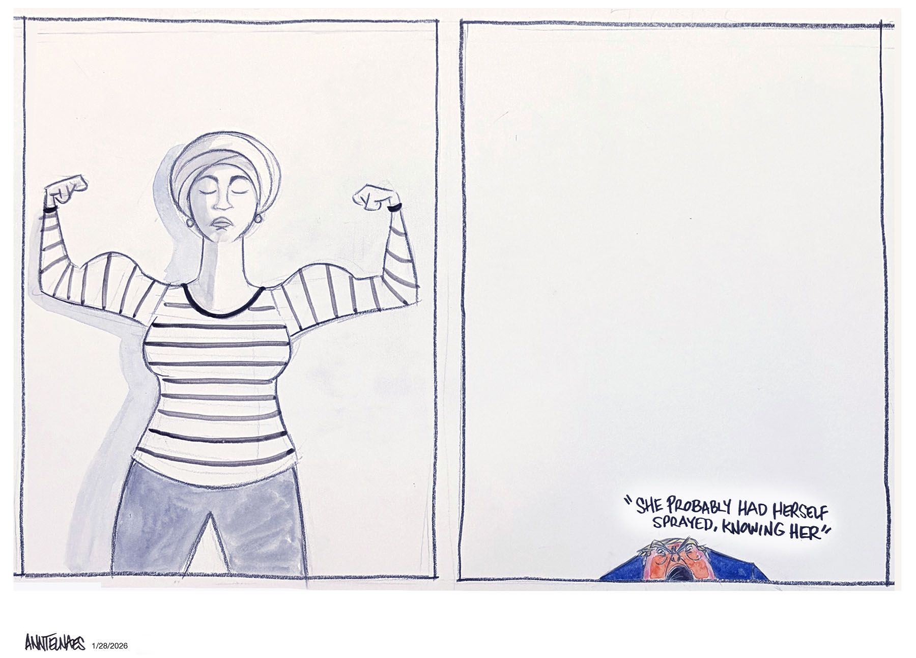 Political cartoon by Ann Telnaes, “Rep. Ilhan Omar attacked at town hall”, 2026-01-28.