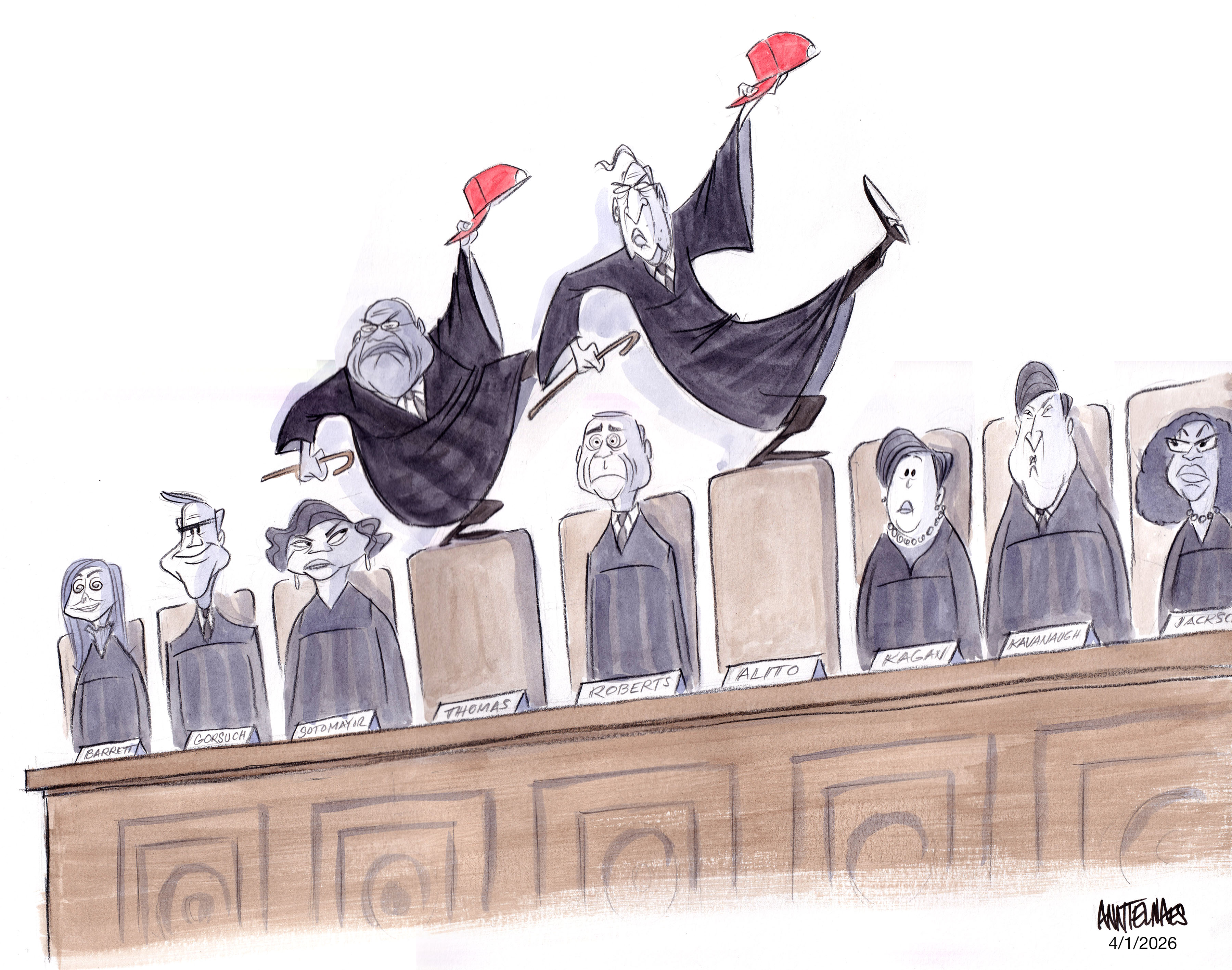 Political cartoon by Ann Telnaes, “SCOTUS hears birthright citizenship arguments”, 2026-04-01.