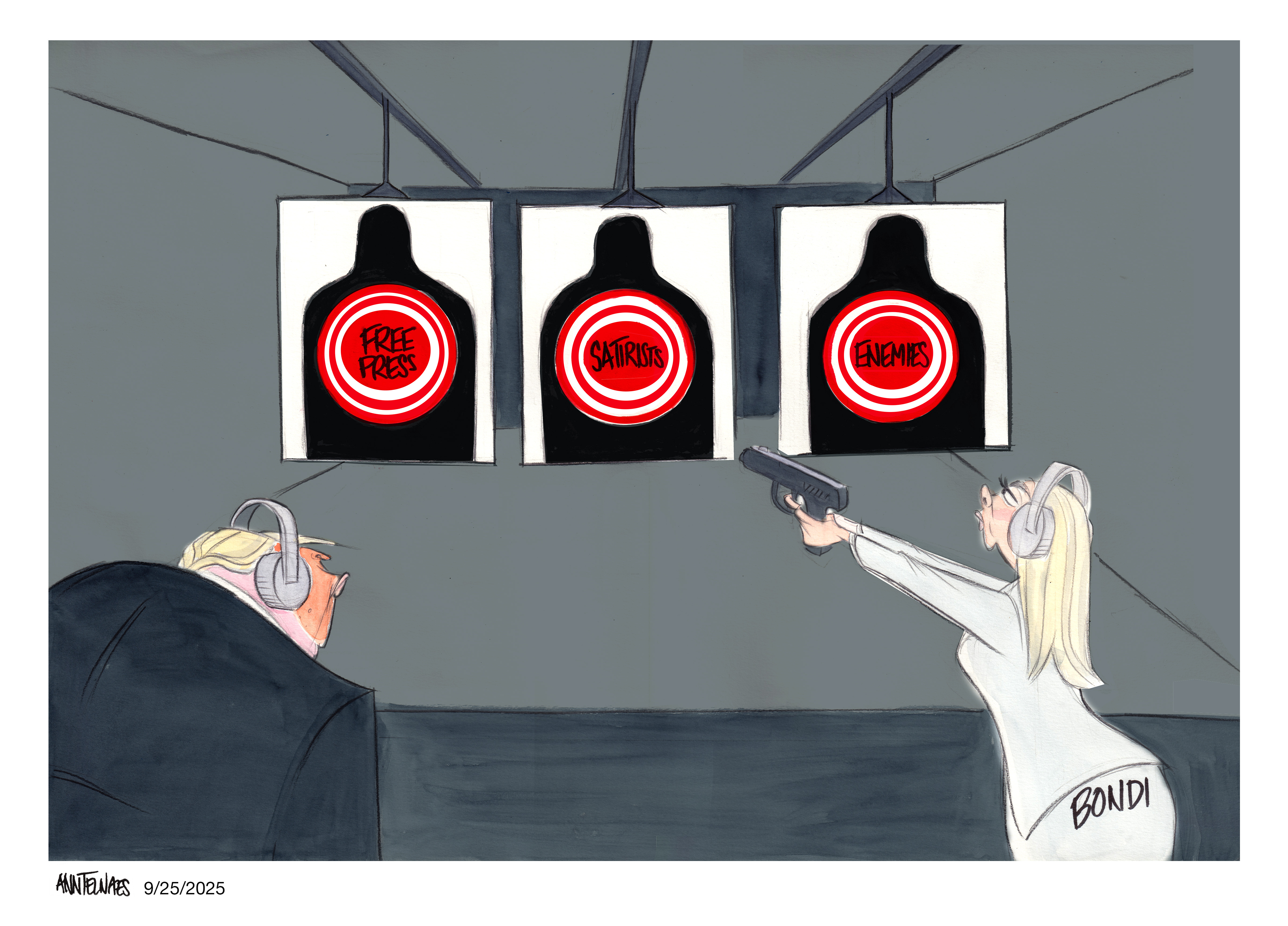 Political cartoon by Ann Telnaes, “Shooting to kill”, 2025-09-25.
