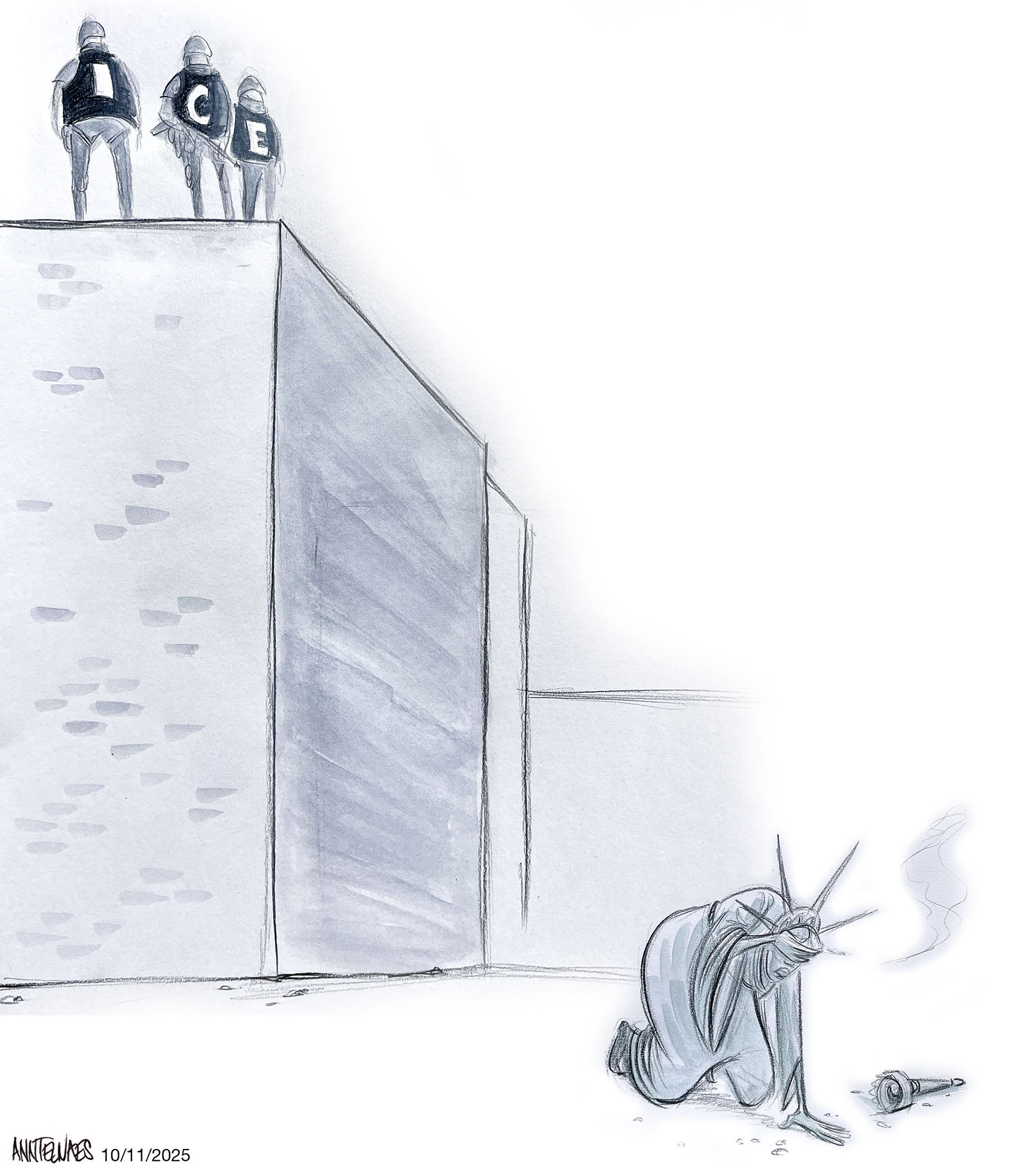 Political cartoon by Ann Telnaes, “Shot in the head with pepper spray”, 2025-10-11.