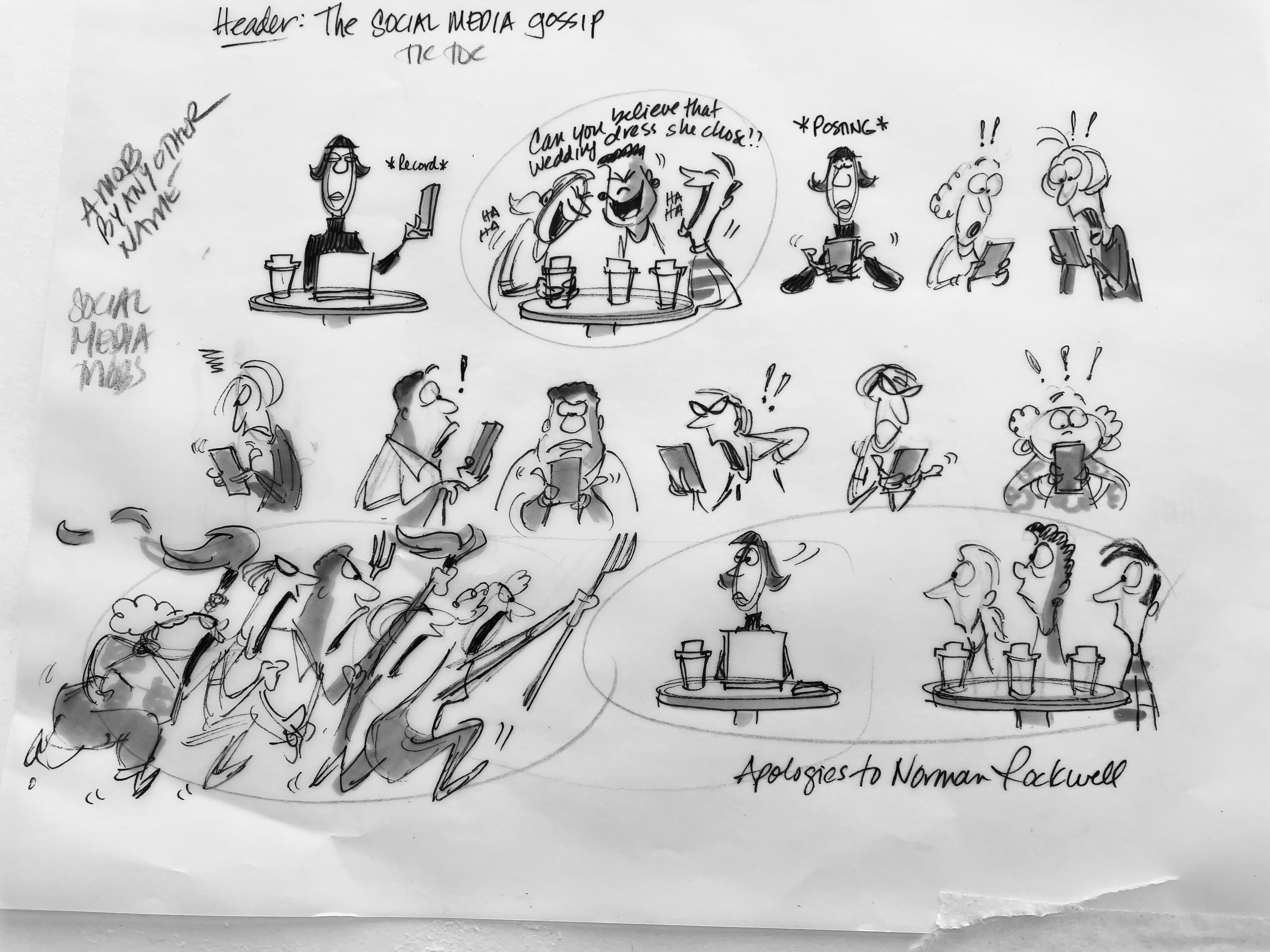 Political cartoon by Ann Telnaes, “Social media mobs”, 2023-12-09.