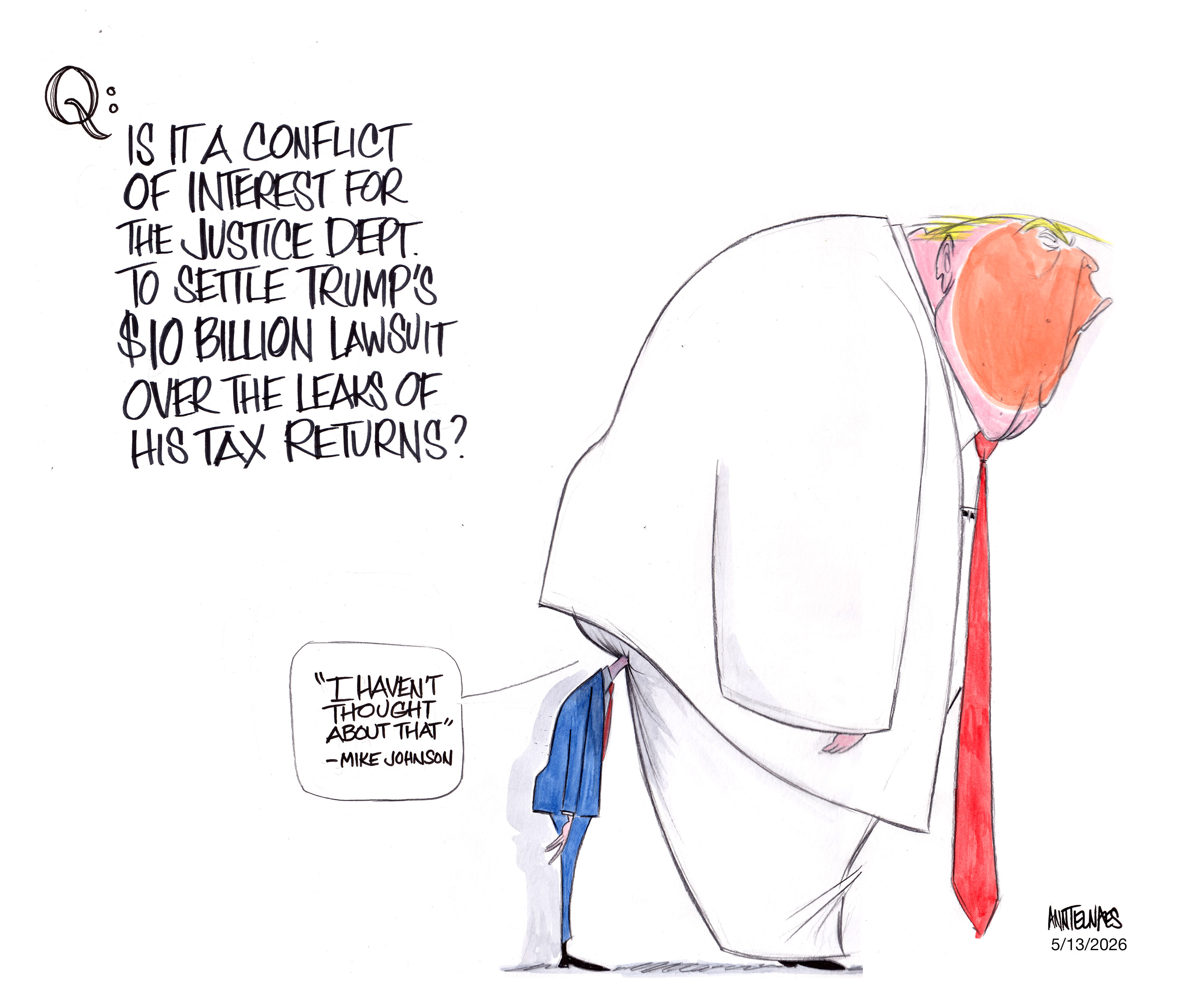 Political cartoon by Ann Telnaes, “Speaker Johnson sees nothing”, 2026-05-13.