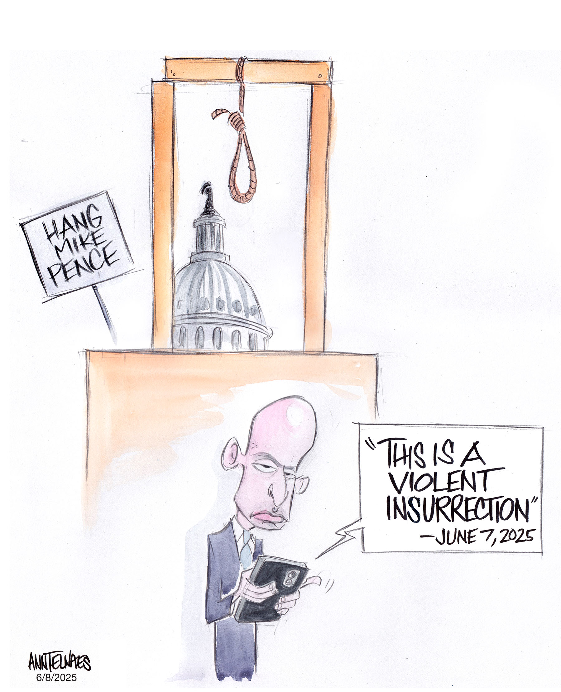 Political cartoon by Ann Telnaes, “Stephen Miller tweets about LA protests”, 2025-06-08.