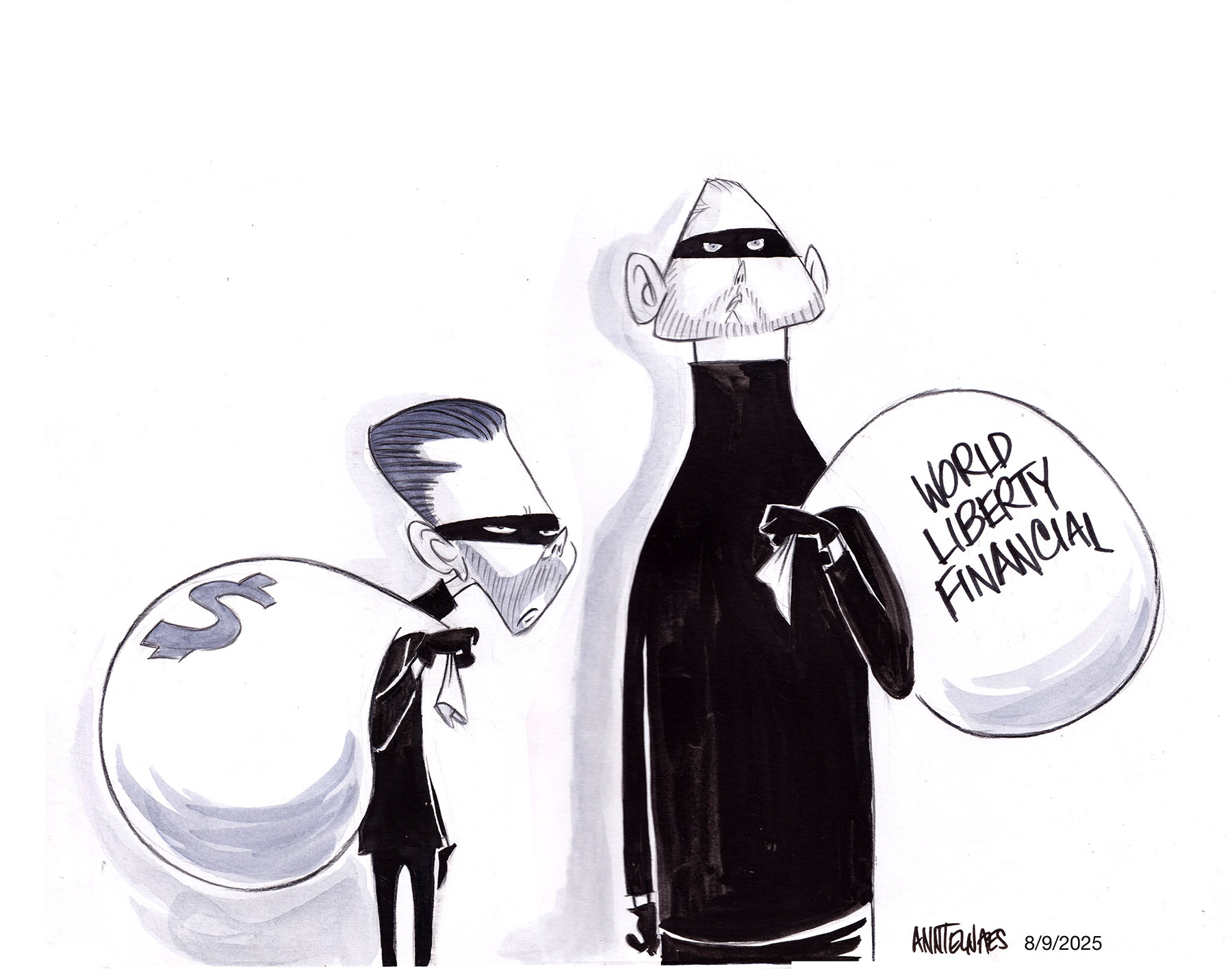 Political cartoon by Ann Telnaes, “Still grifting after all these years”, 2025-08-10.