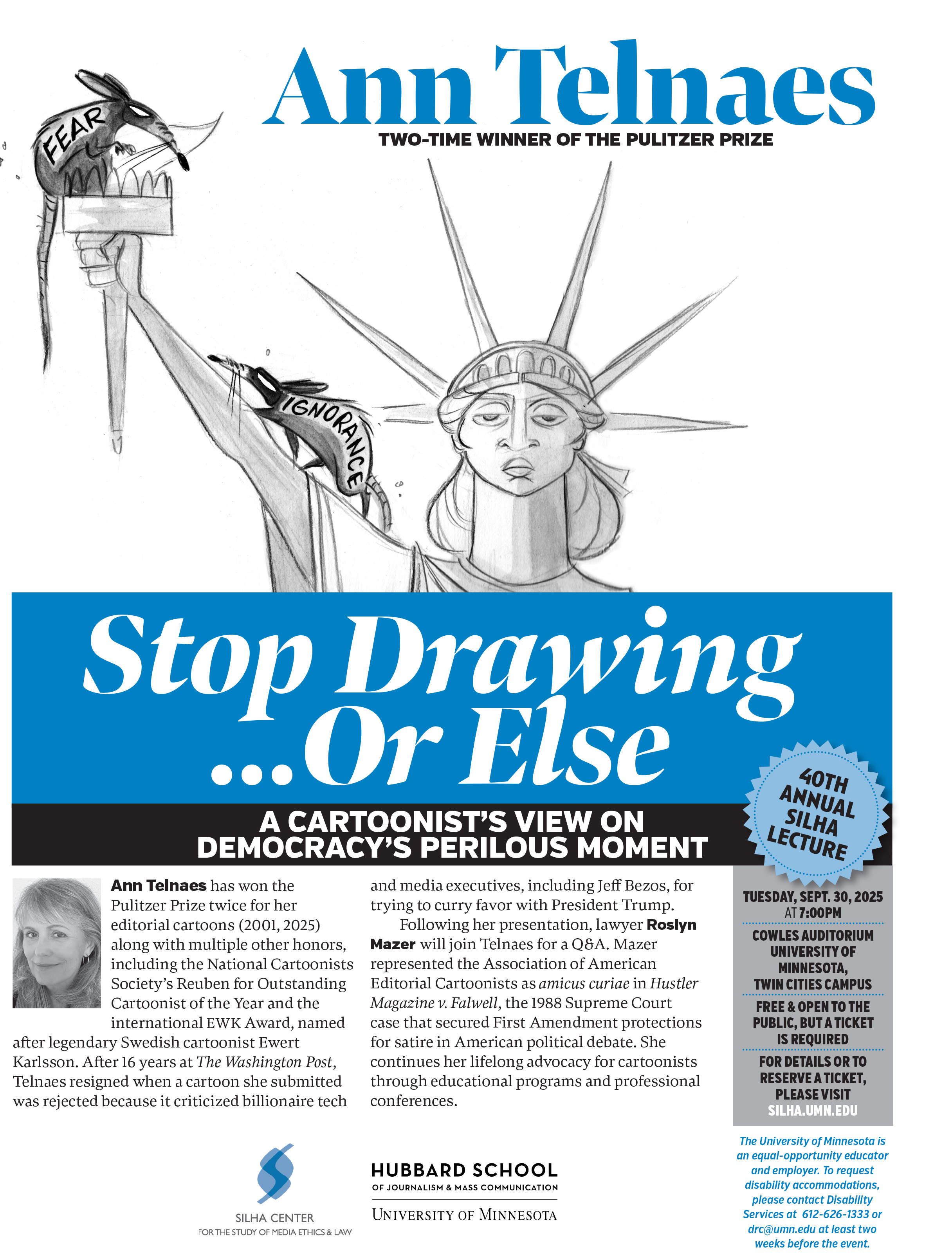 Political cartoon by Ann Telnaes, “Talking about the attack on satire”, 2025-09-29.
