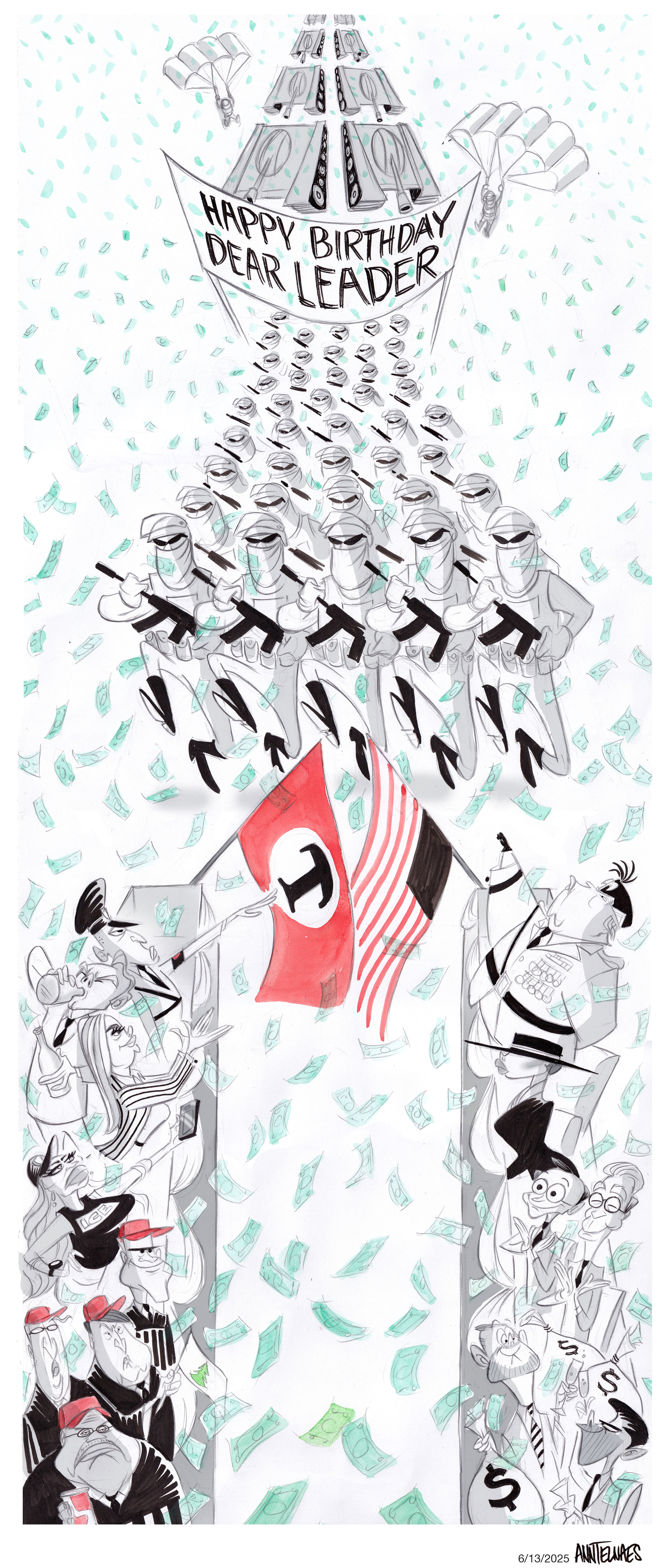 Political cartoon by Ann Telnaes, “The Autocrat's Parade”, 2025-06-14.
