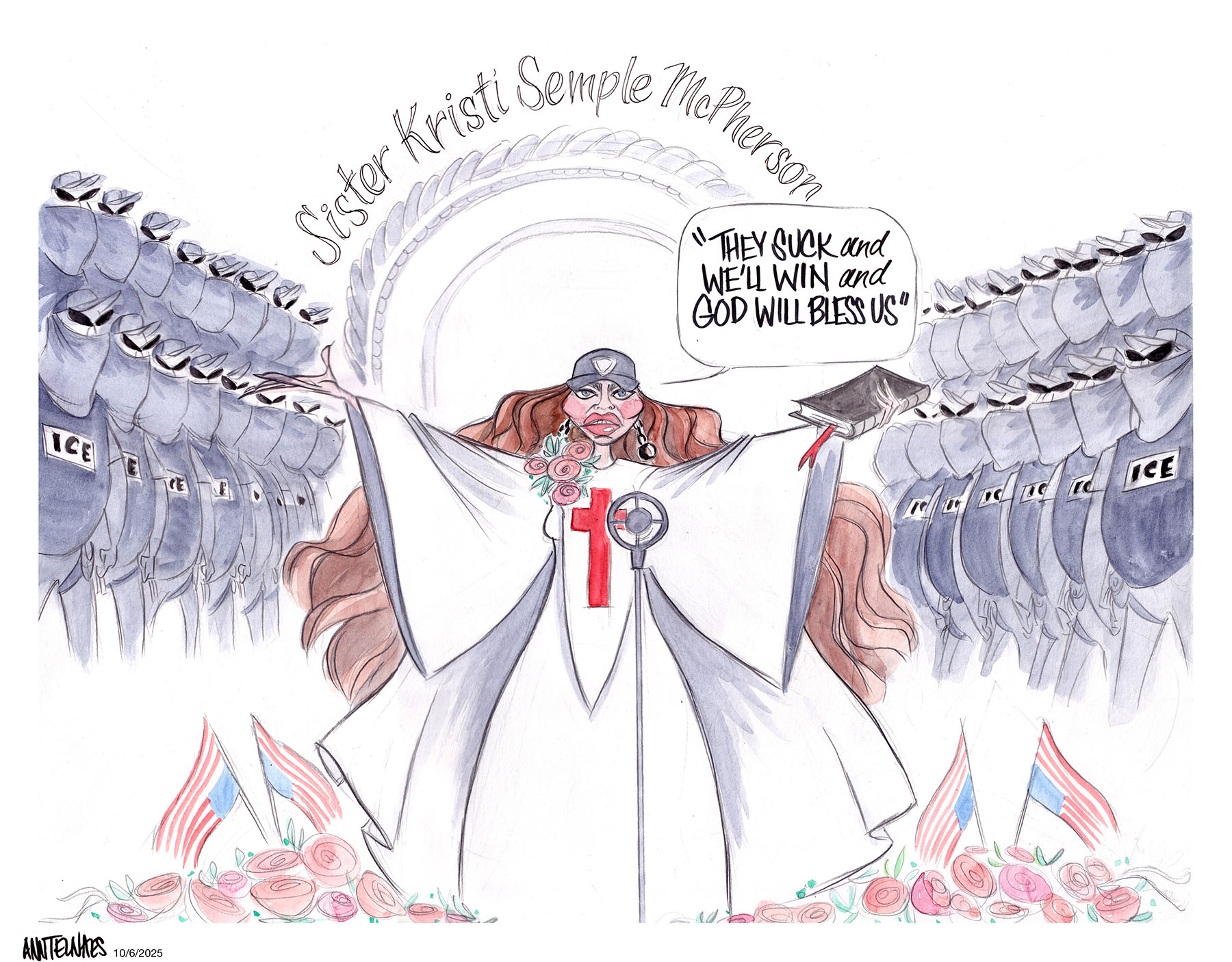 Political cartoon by Ann Telnaes, “The Christian teachings of Kristi Noem”, 2025-10-06.