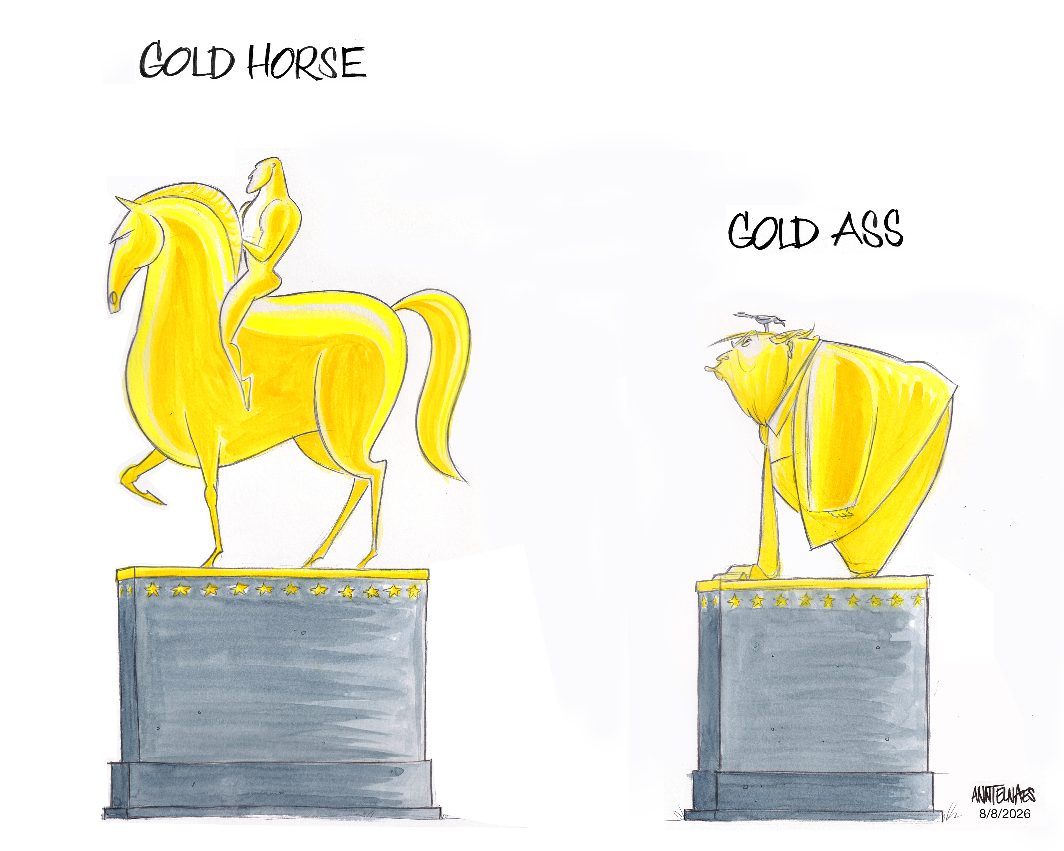 Political cartoon by Ann Telnaes, “The continued Trumptrashification of DC”, 2026-08-09.