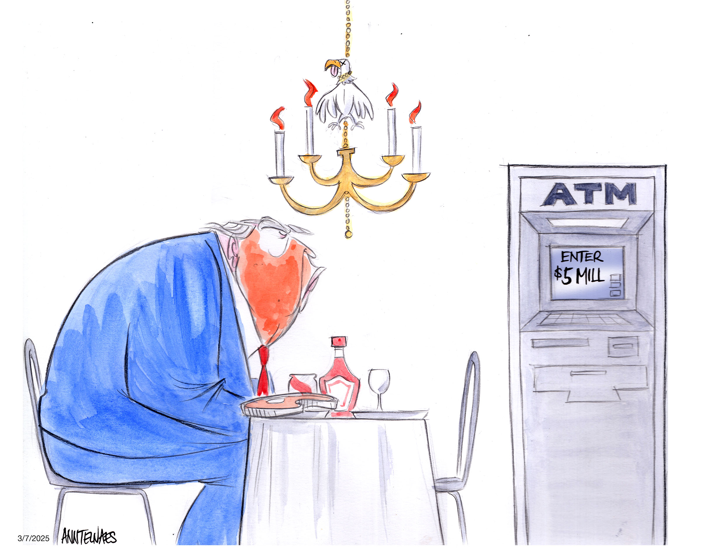 Political cartoon by Ann Telnaes, “The grift continues”, 2025-03-08.