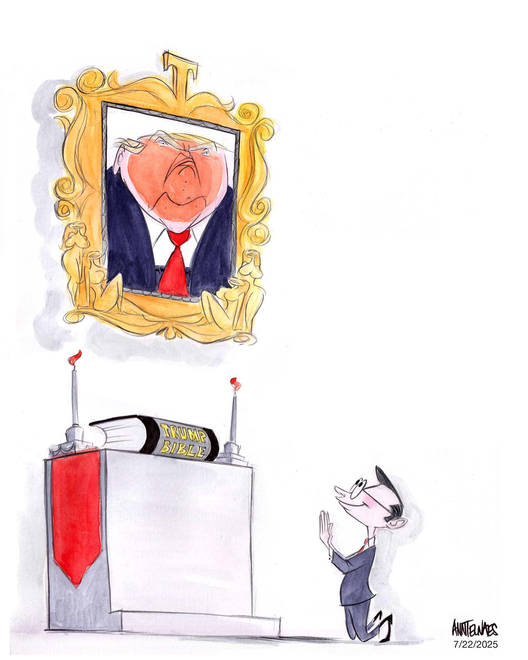 Political cartoon by Ann Telnaes, “The immorality of Mike Johnson”, 2025-07-22.
