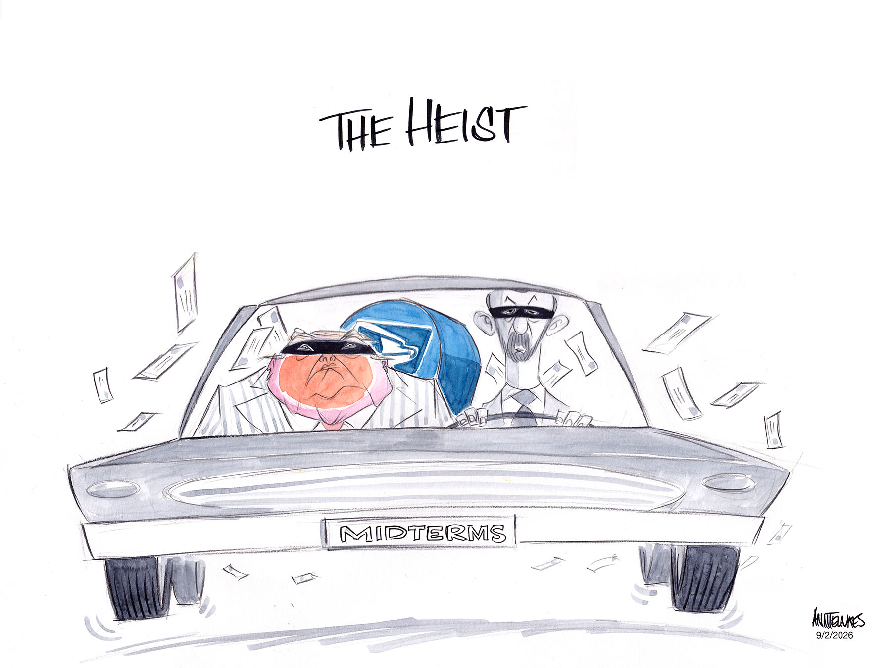 Political cartoon by Ann Telnaes, “The midterms heist”, 2026-09-03.