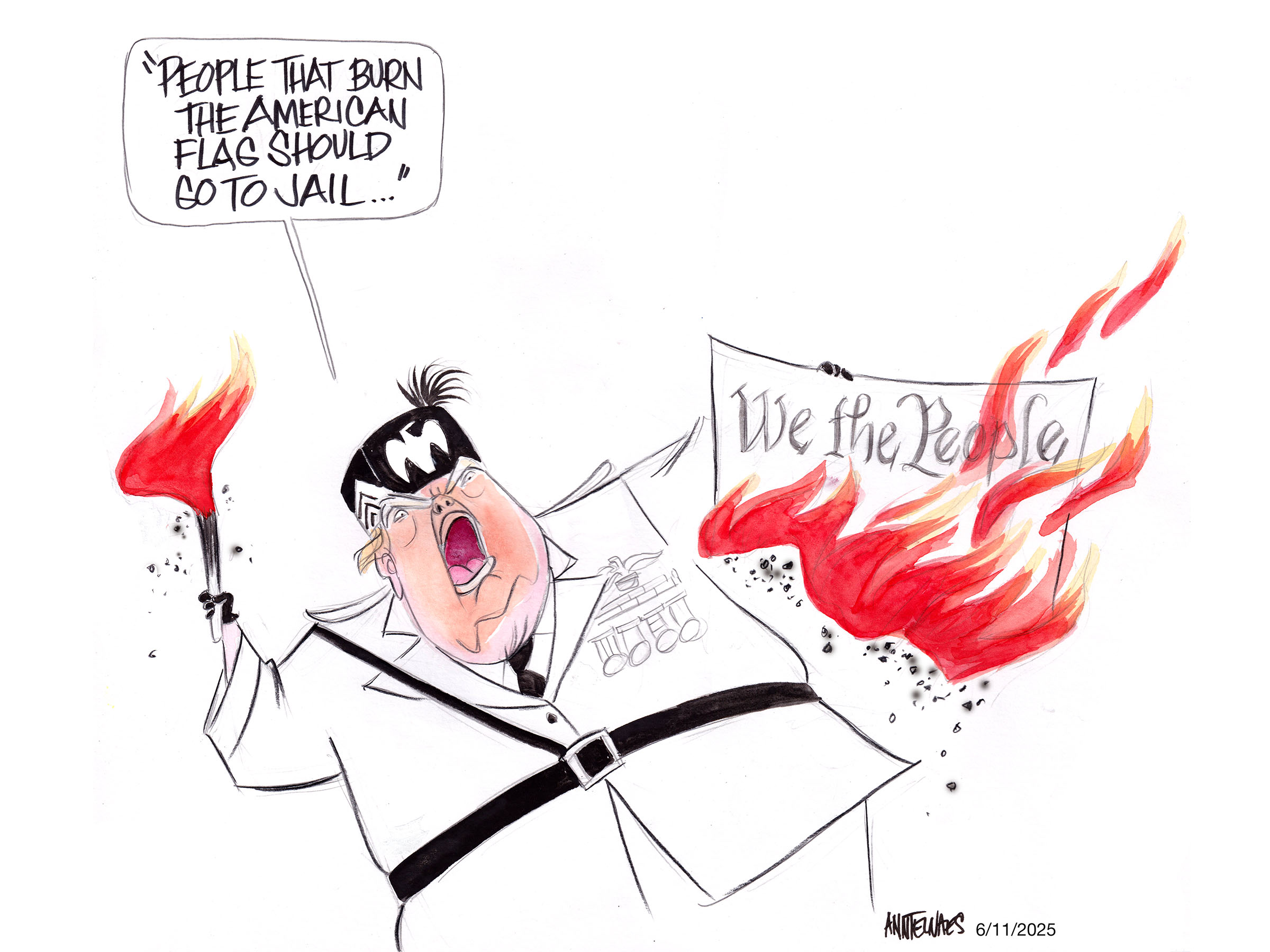 Political cartoon by Ann Telnaes, “The one who should be going to prison”, 2025-06-11.