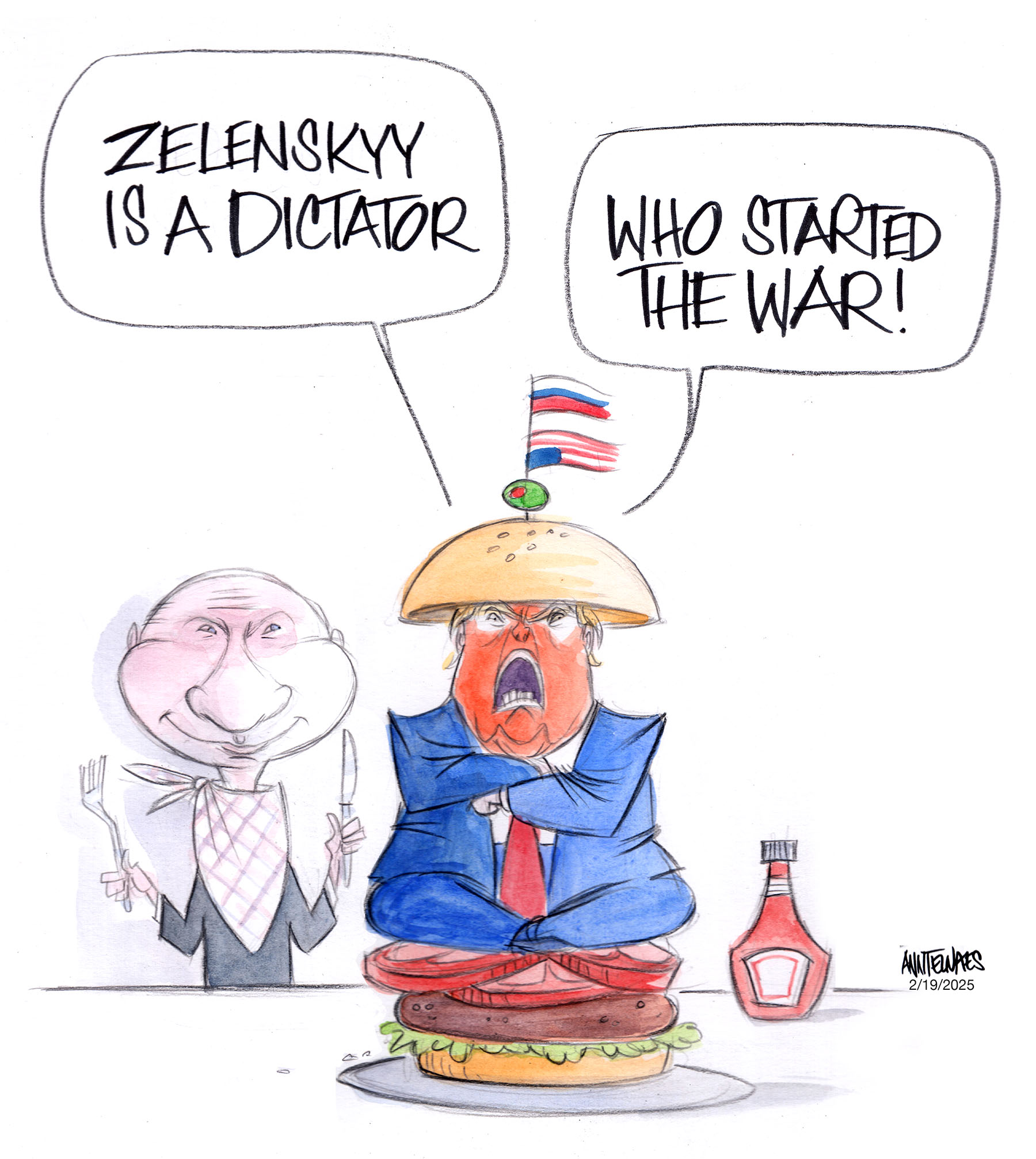 Political cartoon by Ann Telnaes, “The Russian nothingburger is back on the menu”, 2025-02-20.