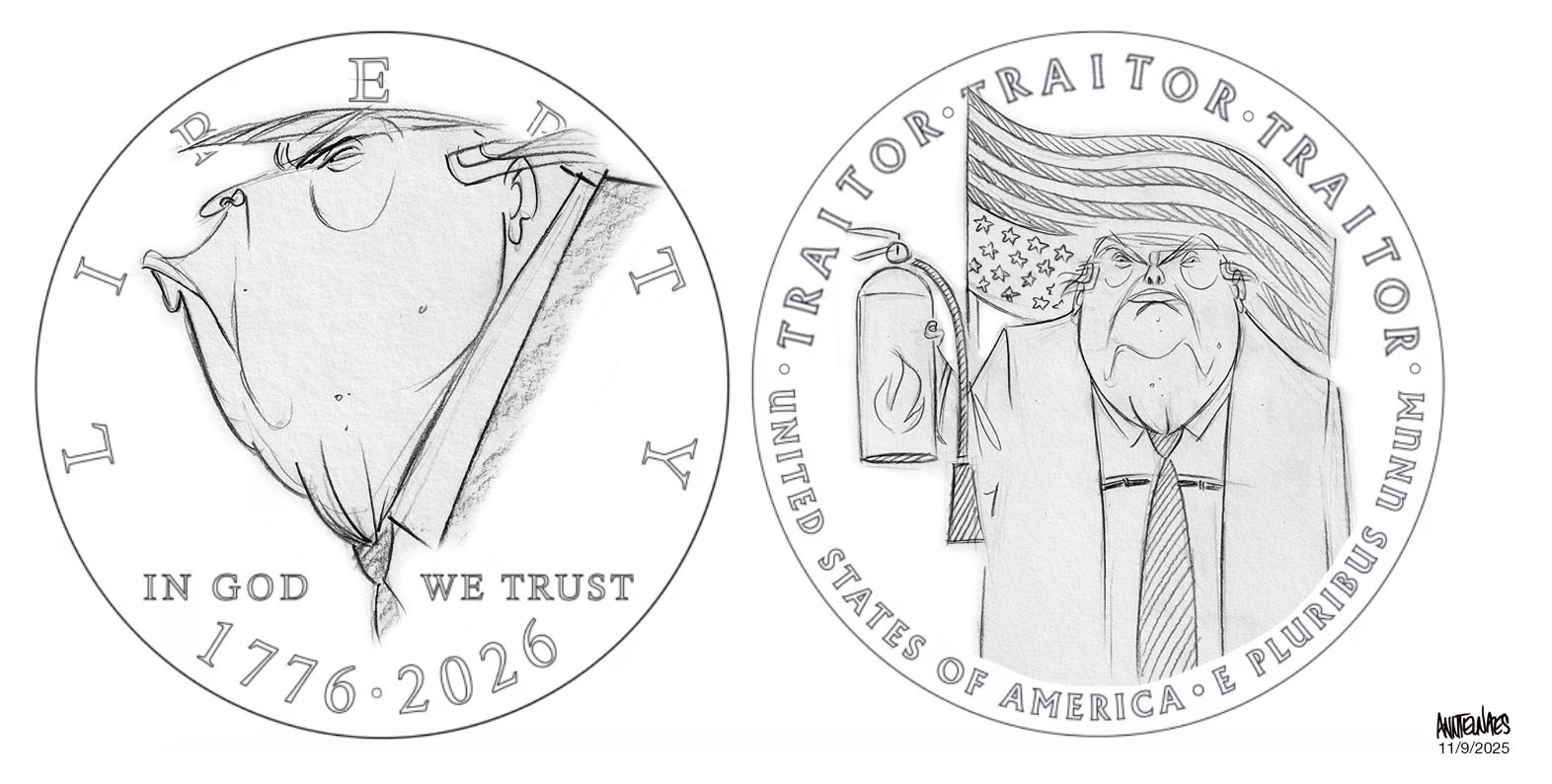 Political cartoon by Ann Telnaes, “The Trump Coin”, 2025-11-09.