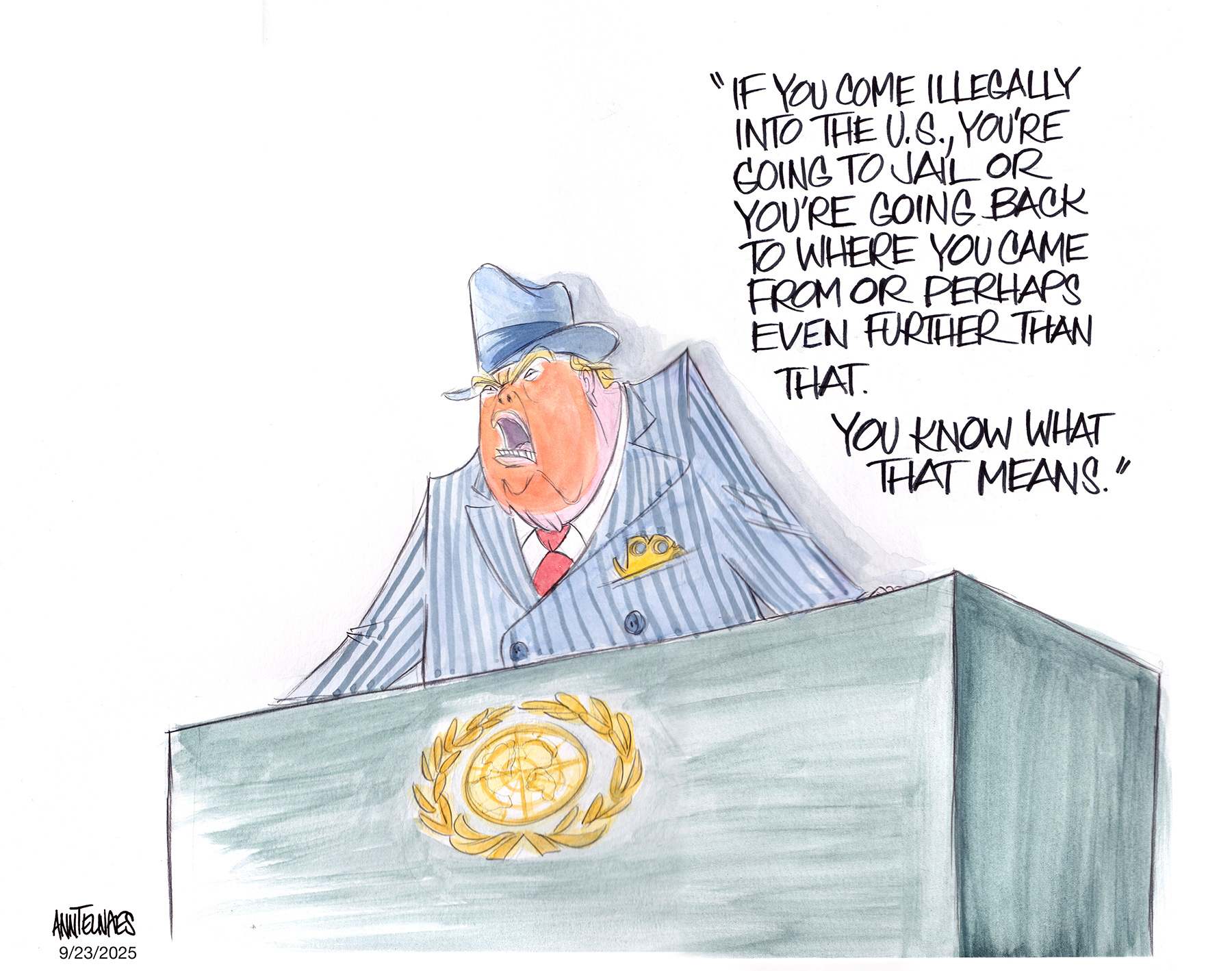 Political cartoon by Ann Telnaes, “Thug at the UN”, 2025-09-23.