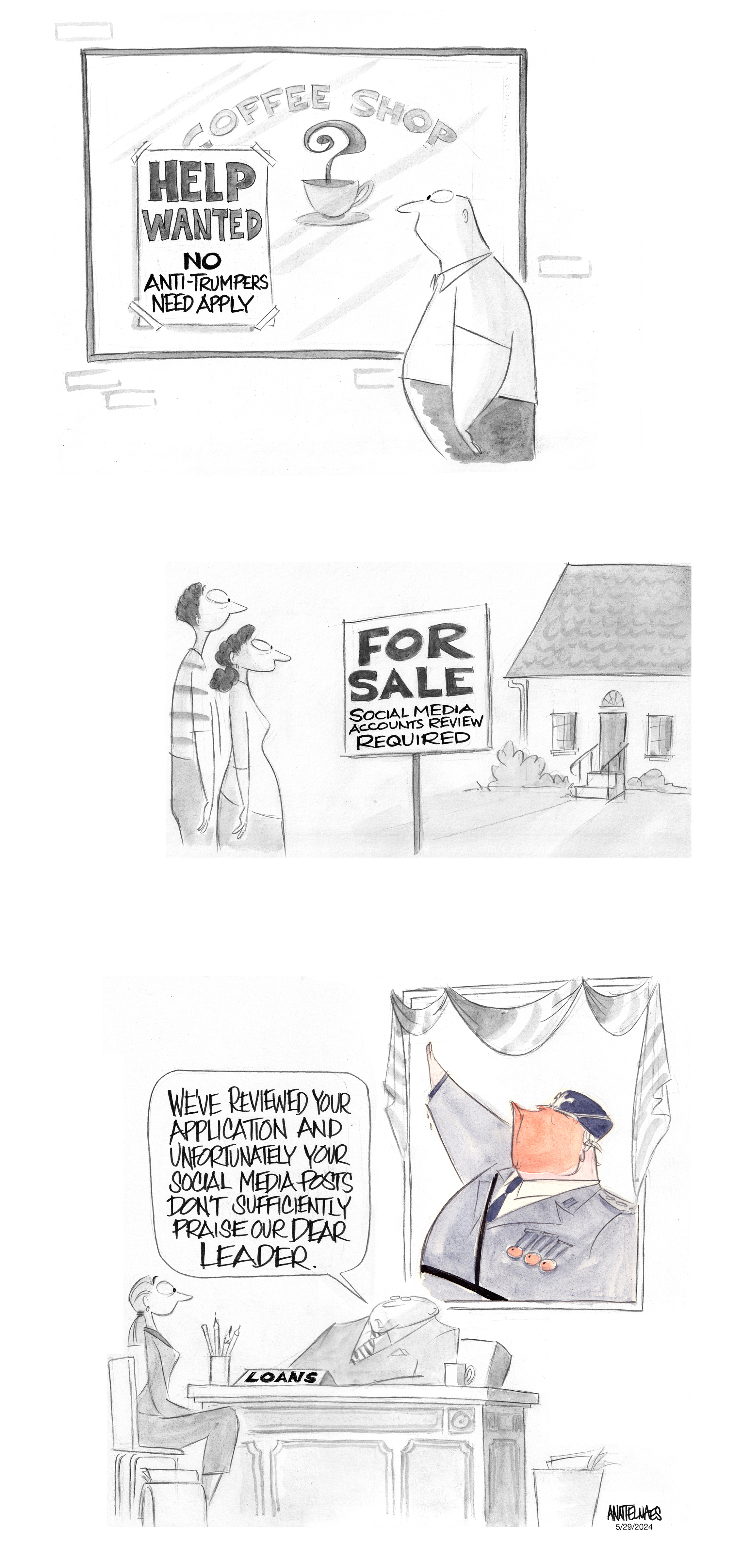 Political cartoon by Ann Telnaes, “Trump administration to vet social media accounts of student visa applicants”, 2025-05-29.
