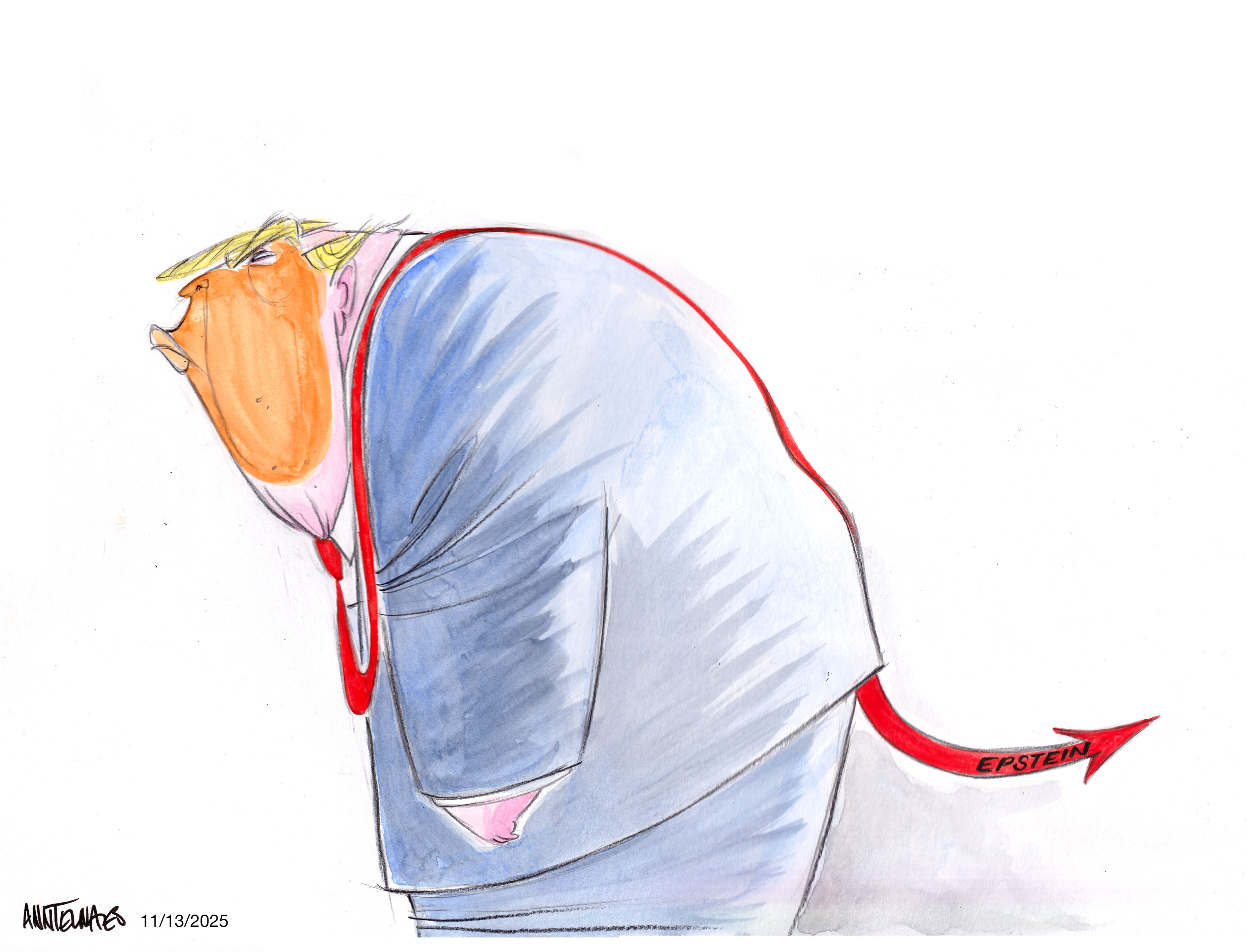 Political cartoon by Ann Telnaes, “Trump and Epstein”, 2025-11-13.