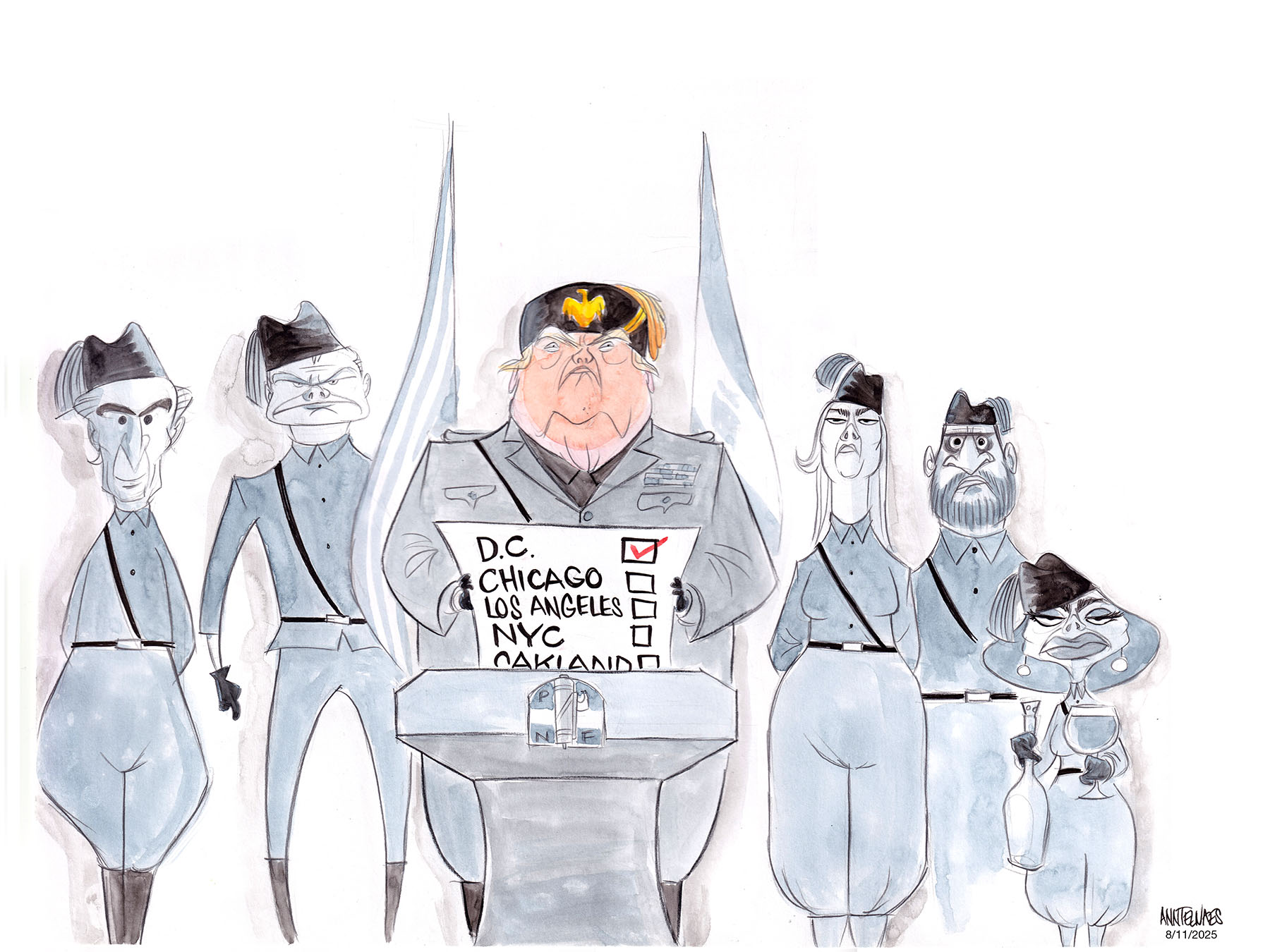 Political cartoon by Ann Telnaes, “Trump and his NFP hold a news conference”, 2025-08-11.